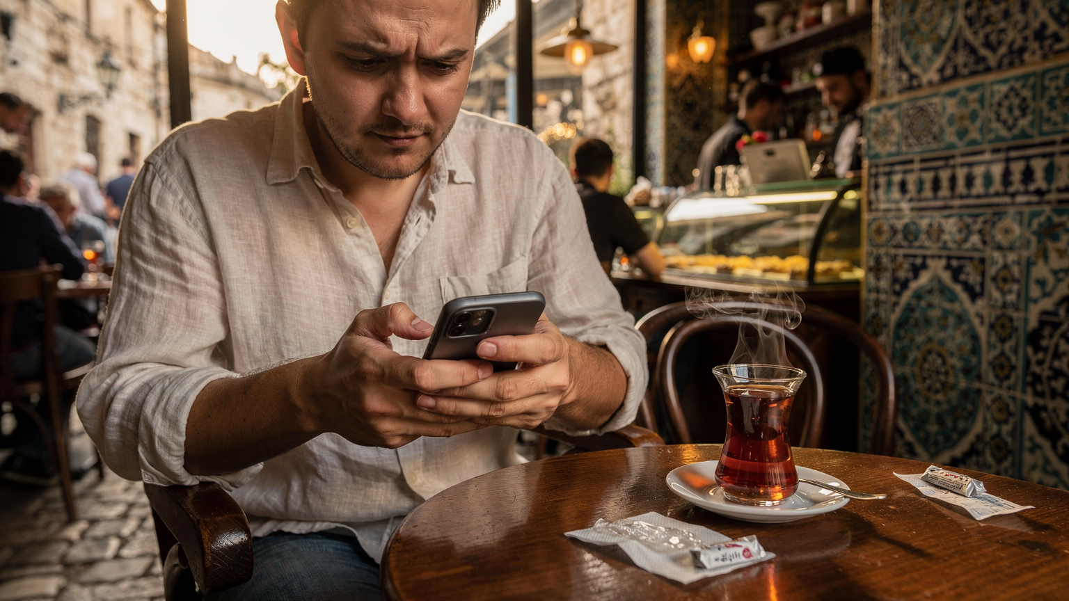 Un călător într-o cafenea aglomerată din centrul vechi al Istanbulului, își verifică telefonul, reflectând lumina soarelui de dimineață. O ceașcă de ceai turcesc aburește pe masă.
