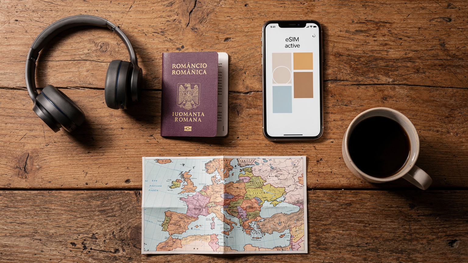 Un overhead flat-lay cu un pașaport românesc deschis, un iPhone cu un profil eSIM activ pe ecran, căști fără fir, și o hartă pliată a Europei de Est, aranjate pe o masă din lemn, lângă o ceașcă de cafea.