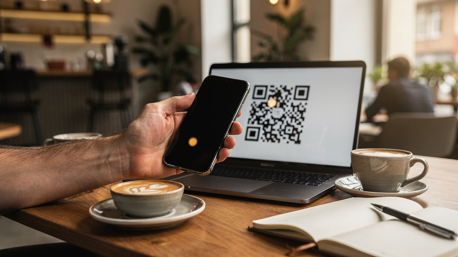 Mână masculină ținând un iPhone în timp ce scanează un cod QR de pe un laptop, într-o cafenea modernă și luminoasă din București, cu o cafea latte pe masă.