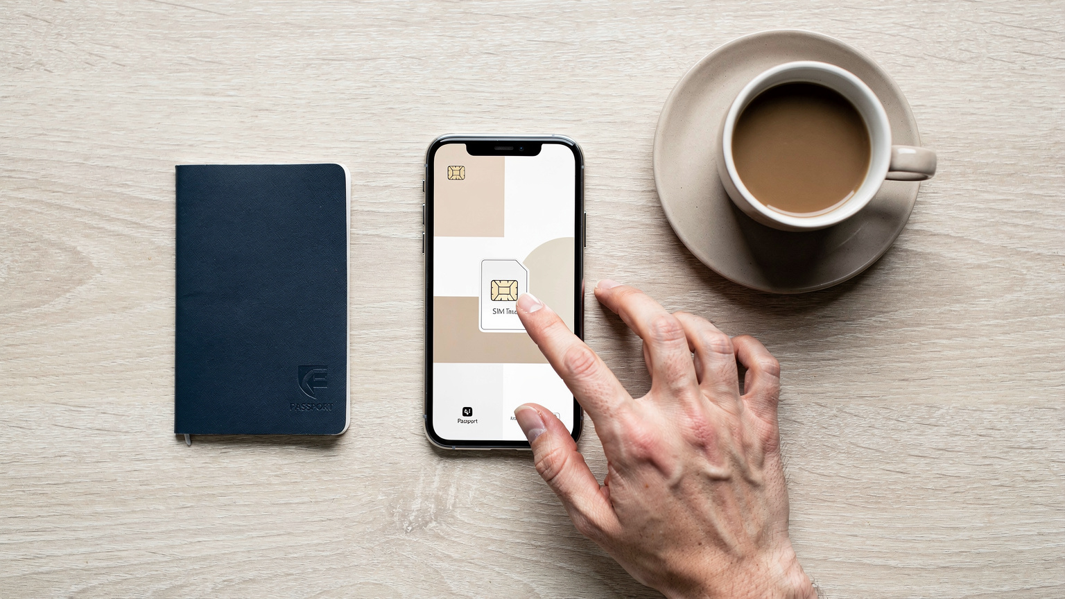 Una mano che tocca uno smartphone con un'interfaccia di attivazione eSIM, con un passaporto e una tazza di caffè su un tavolo di legno chiaro.
