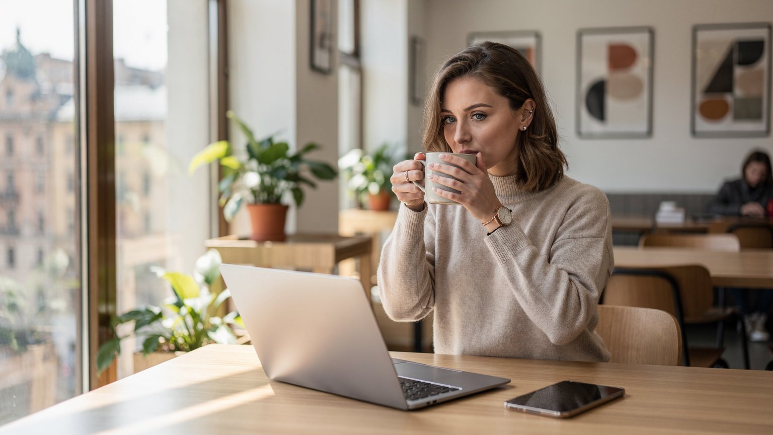 Una donna seduta in un co-working moderno, con un laptop aperto e un iPhone accanto, sorseggia un caffè mentre lavora.