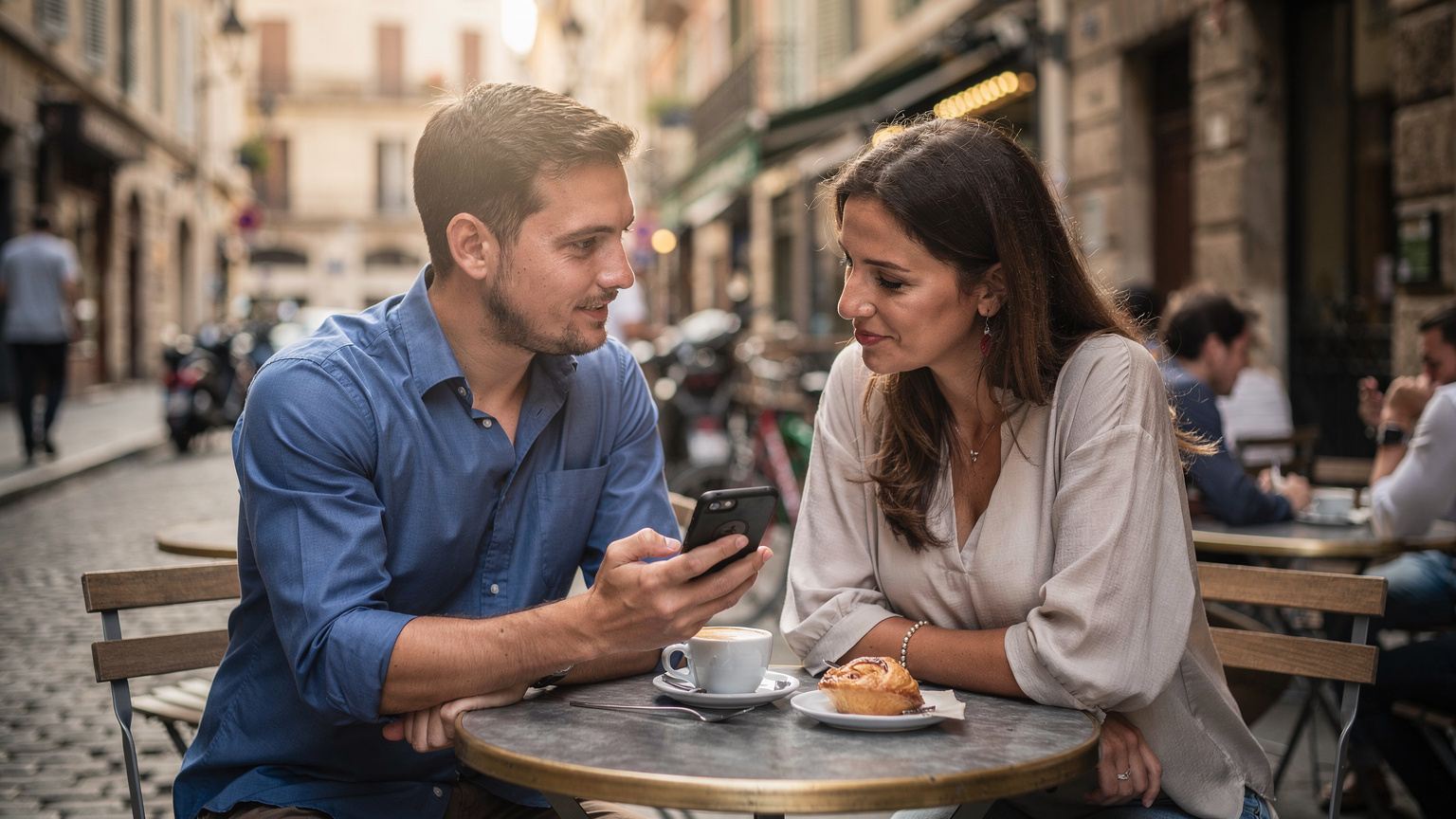 Un uomo mostra uno smartphone ad una donna in un caffè europeo, con un'architettura urbana riconoscibile sullo sfondo.