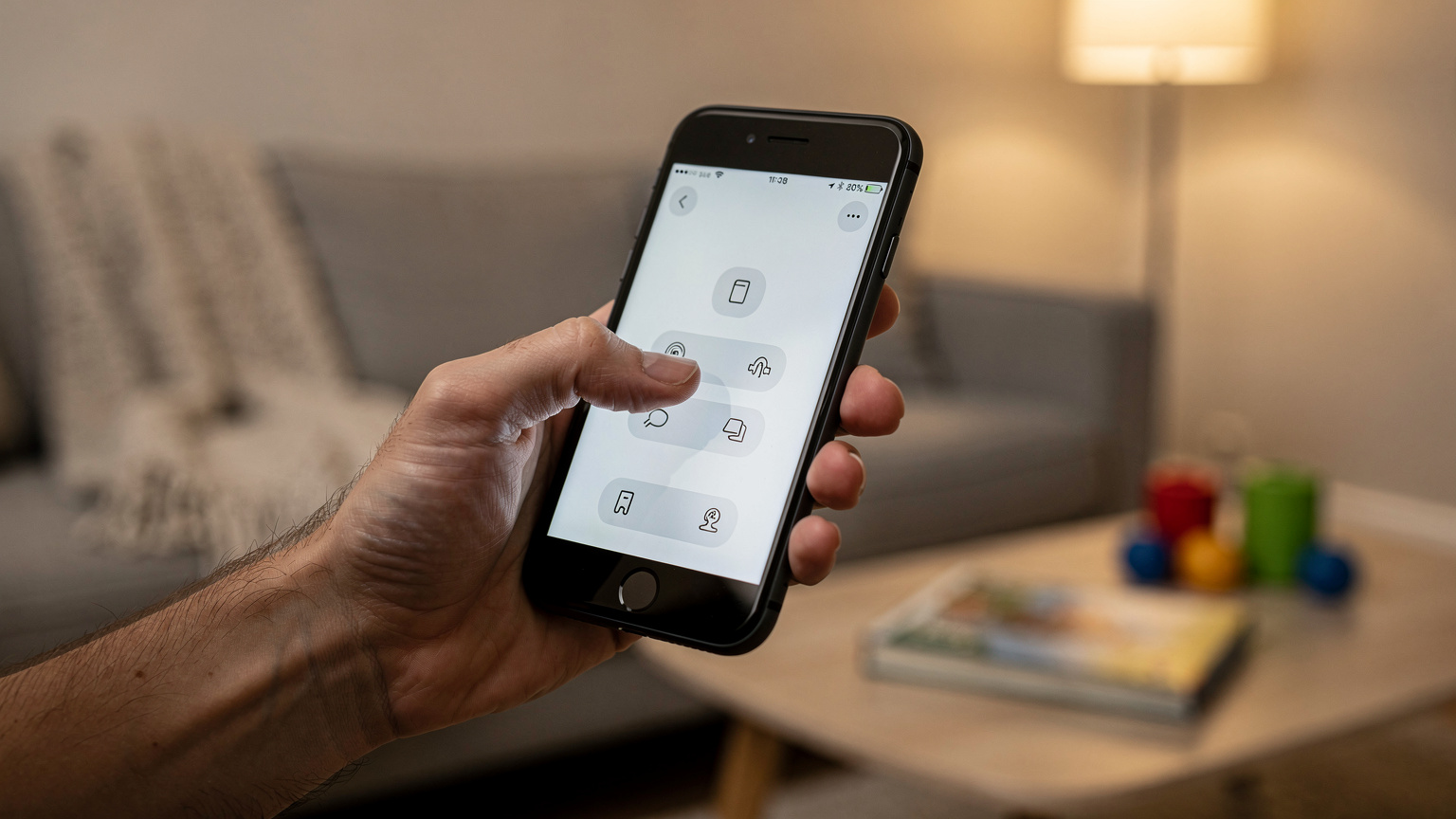Une main d'adulte configure les paramètres de temps d'écran sur un iPhone, affichant des options de contrôle parental, avec un fond flou d'une pièce familiale en arrière-plan, soulignant la gestion des appareils des enfants.