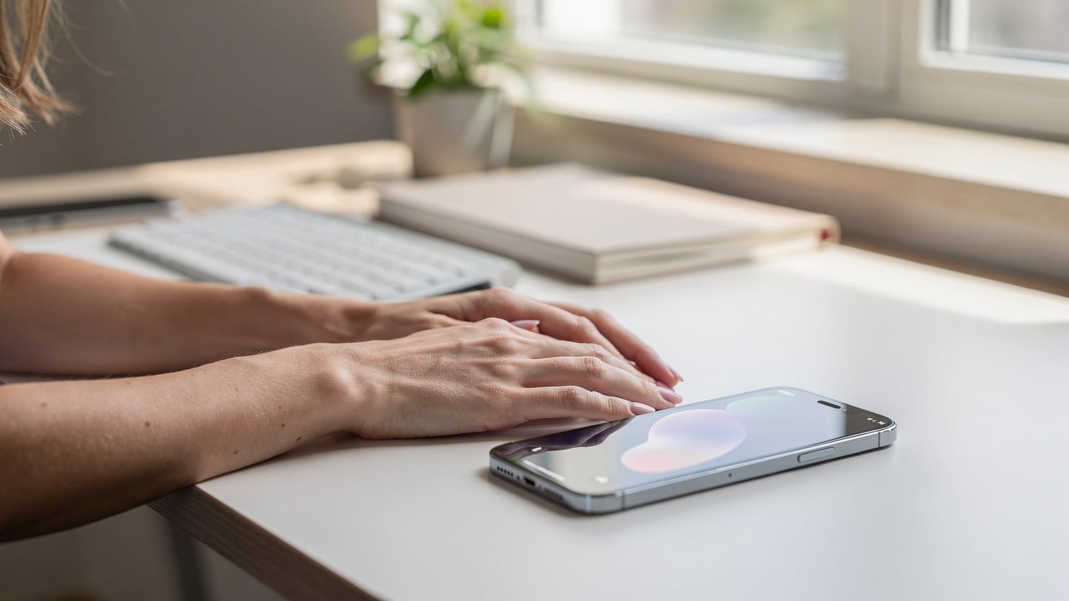 Une femme, les mains délicatement posées sur un nouvel iPhone, suit attentivement les instructions de transfert d'eSIM à l'écran, tandis qu'un ancien iPhone est visible en arrière-plan, suggérant une transition technologique en douceur.