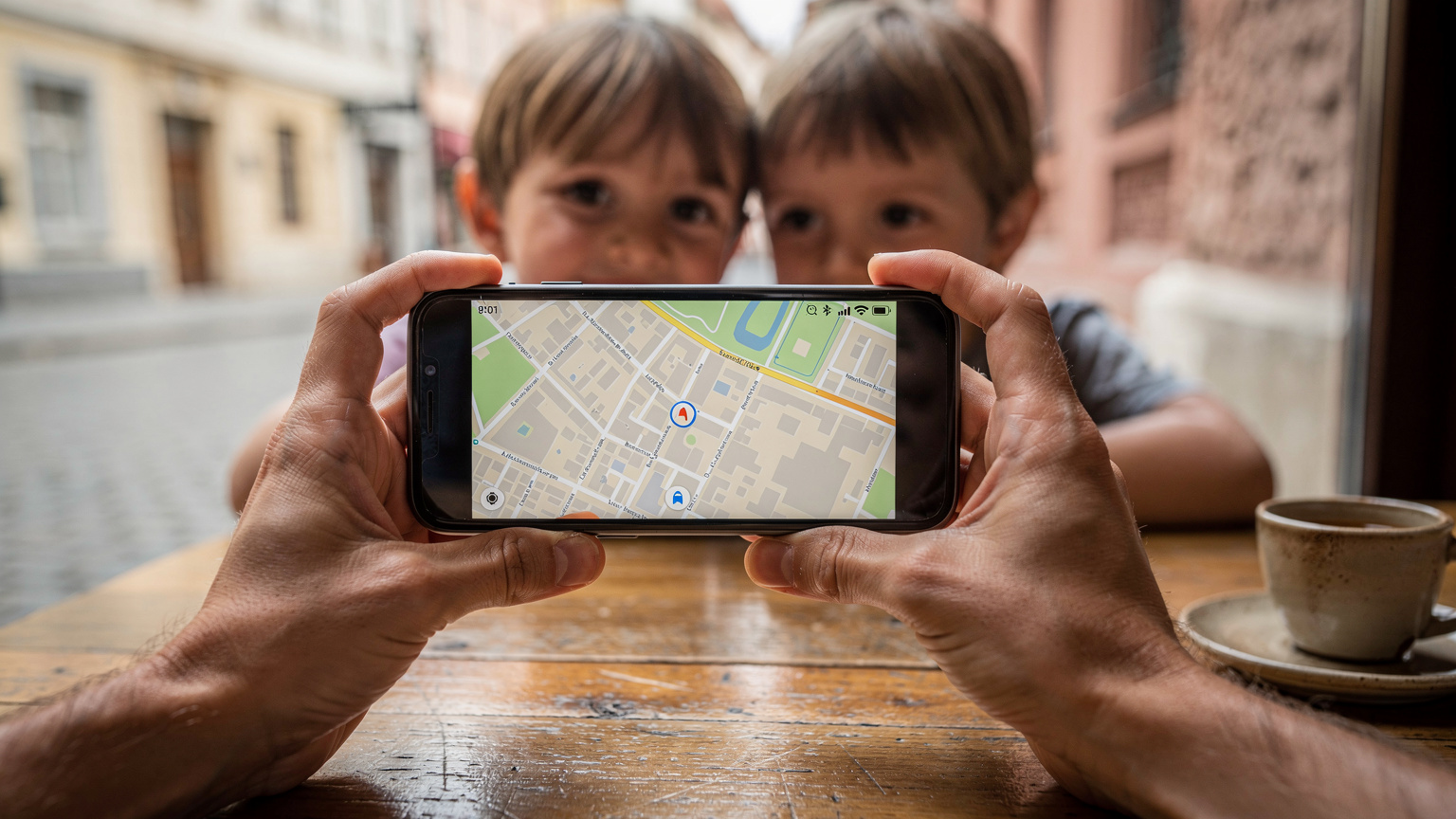 Detail rukou rodiče, který drží chytrý telefon a ukazuje dětem na obrazovce aplikaci s mapou, zatímco děti se zvědavě dívají.