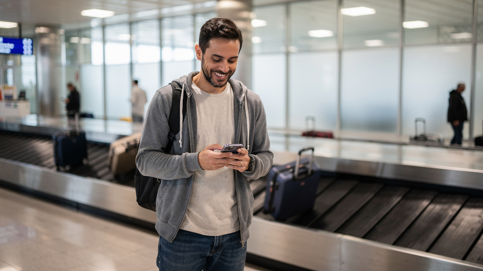 Ein Reisender am Cairo International Airport (CAI) überprüft auf seinem Smartphone die eSIM-Verbindung, während er auf sein Gepäck wartet, mit einem Hauch von Erleichterung auf dem Gesicht.