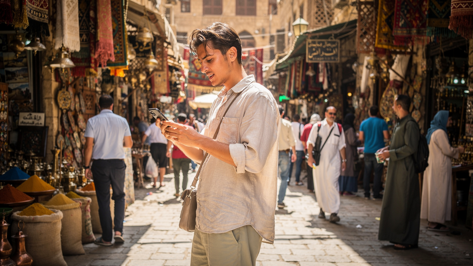 Eine belebte Straße in Kairo, gefüllt mit traditionellen Geschäften und Menschen, während im Vordergrund eine Person mit einem Smartphone nach Wegbeschreibungen sucht, die chaotische, aber lebendige Atmosphäre der Stadt einfangend.