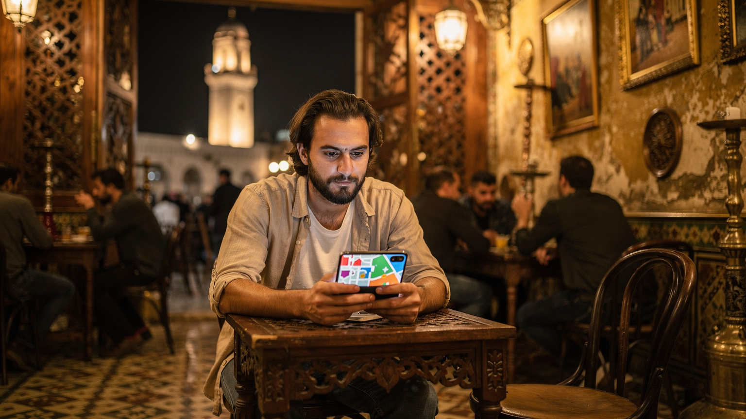Ein Nomade sitzt in einem traditionellen ägyptischen Café in Kairo, in der Hand ein Smartphone mit einer Karte, während er mit ernster Miene auf ein weit entferntes Wahrzeichen blickt, um die kulturelle Atmosphäre und die Notwendigkeit der Navigation zu verdeutlichen.