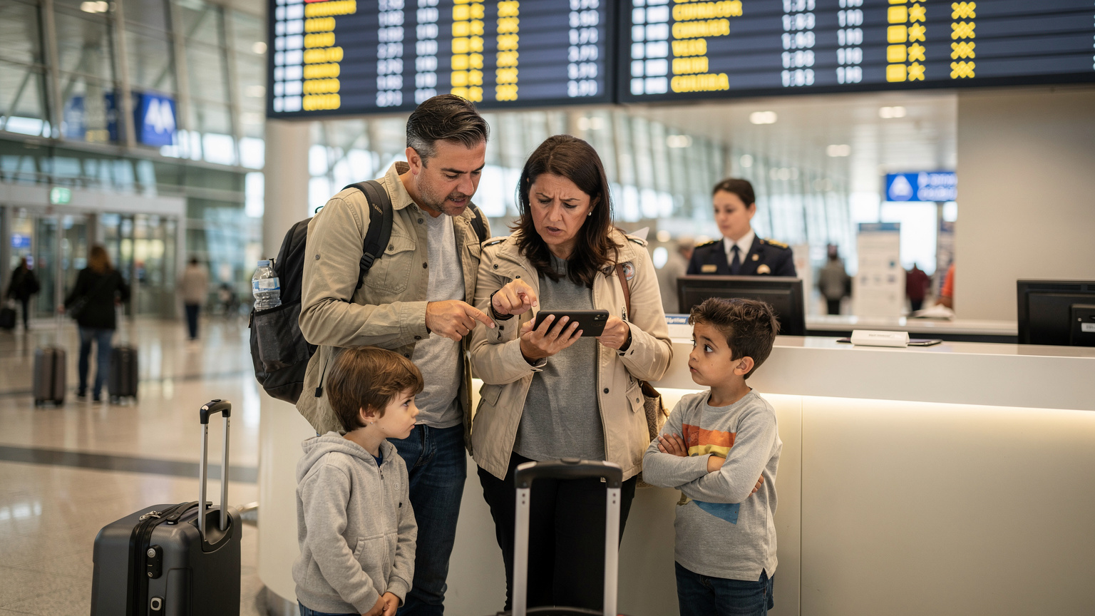 O familie stresată la un ghișeu de informații dintr-un aeroport aglomerat din Lisabona, Portugalia, cu părinții analizând un telefon cu o expresie îngrijorată, iar copiii plictisiți lângă ei.