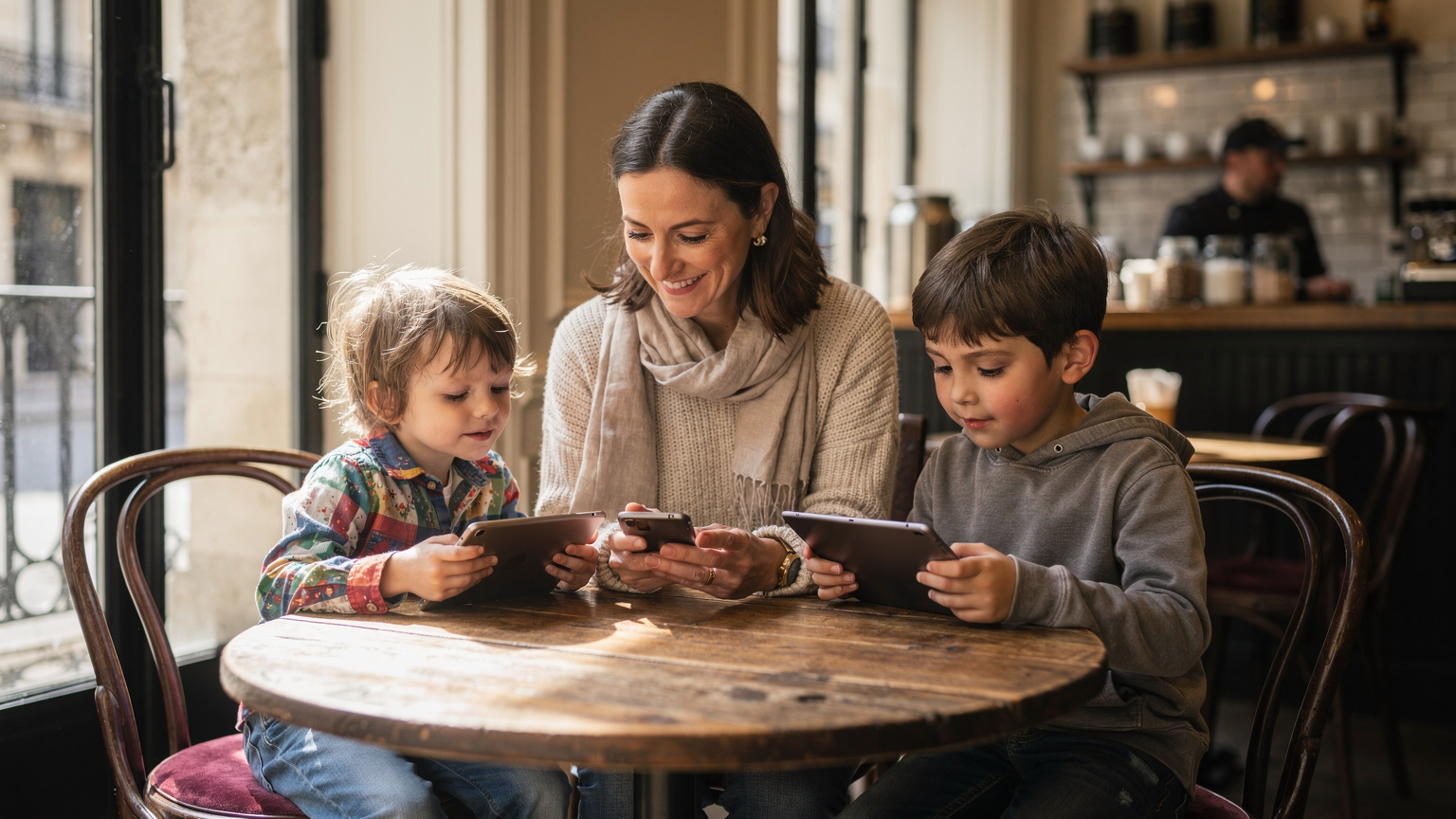 O mamă consultă un telefon în timp ce copiii se joacă pe tablete, toți fiind relaxați într-o cafenea primitoare din Paris, Franța.