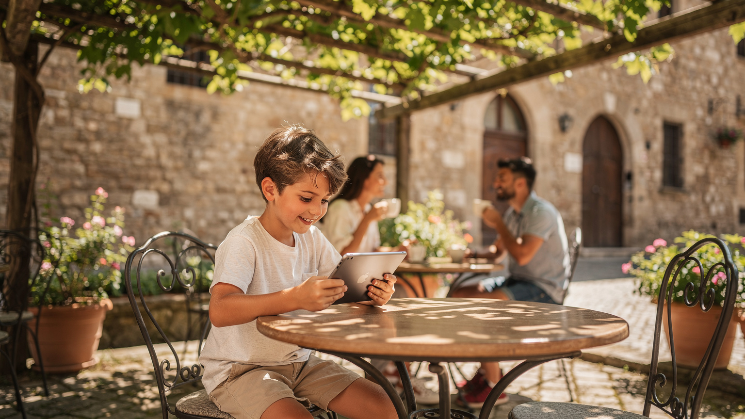 Un copil zâmbitor se joacă pe o tabletă, în timp ce părinții relaxați beau cafea într-o grădină de vară, pe o terasă dintr-un oraș medieval din Toscana, Italia.