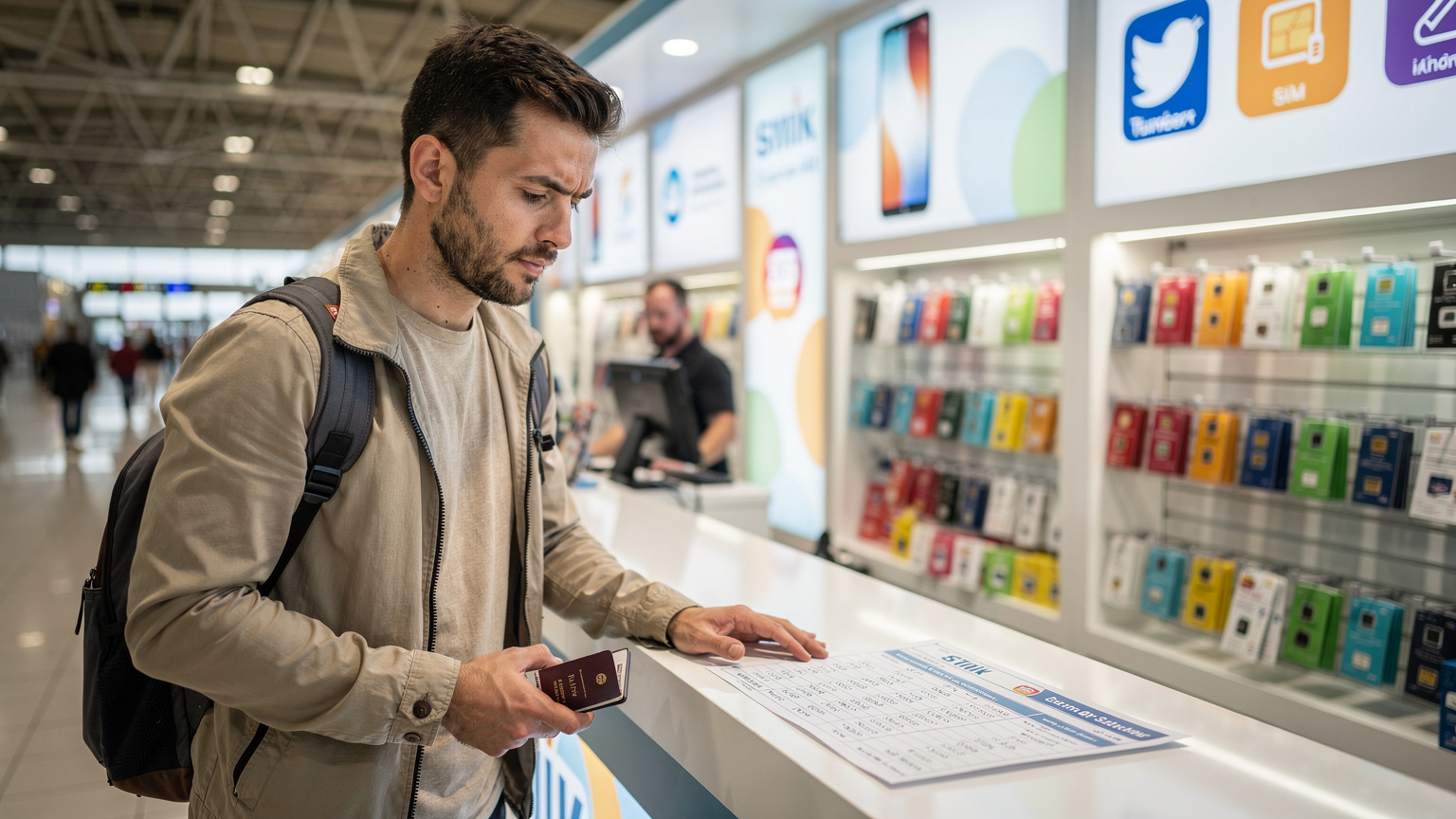 Ein Reisender am Flughafen Istanbul steht skeptisch vor einem SIM-Karten-Schalter, blickt auf die angezeigten Preise und vergleicht sie gedanklich mit den Kosten seiner eSIM.