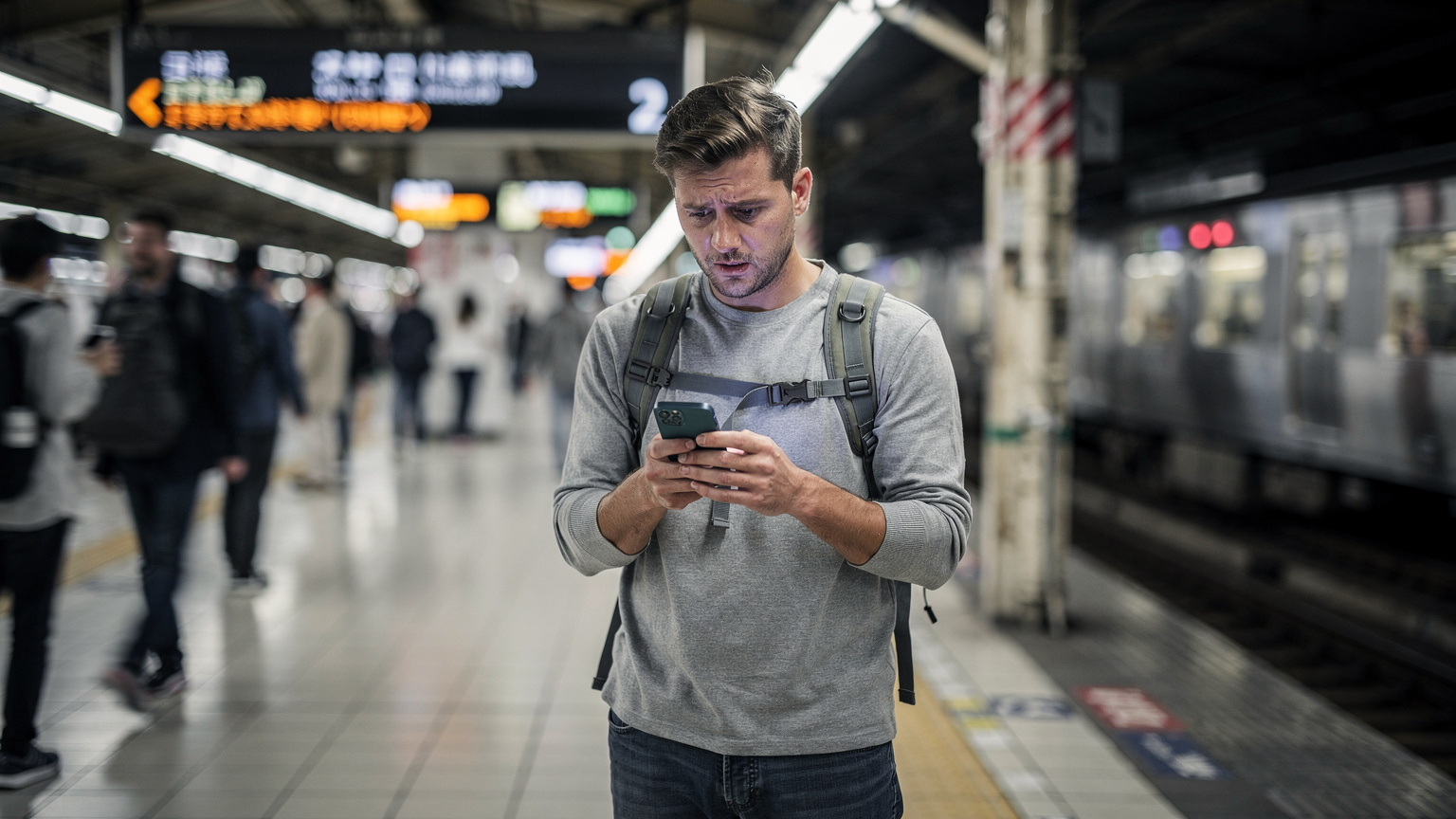 Ein Reisender in einem belebten Tokioter Bahnhof, vielleicht der Yamanote-Linie, blickt besorgt auf sein Smartphone, das eine schlechte Netzwerkverbindung anzeigt, während Menschenmassen an ihm vorbeiziehen.