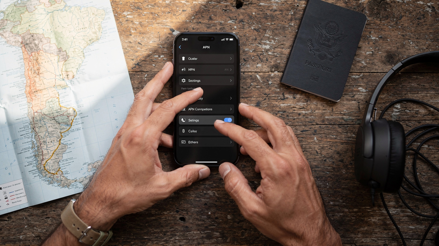 Manos de un viajero ajustando la configuración del APN en un smartphone, con un mapa de su ruta de viaje y un pasaporte sobre una mesa de madera.