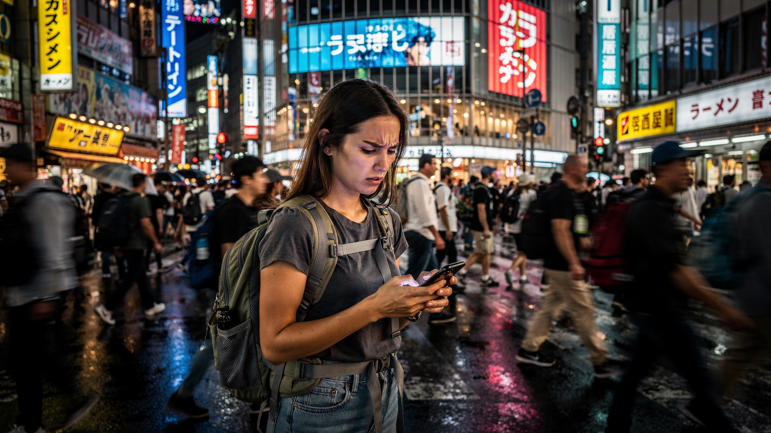 Una calle concurrida en el barrio de Shinjuku, Tokio, donde un viajero se frustra con su teléfono lento, rodeado de luces de neón y la energía de la ciudad.