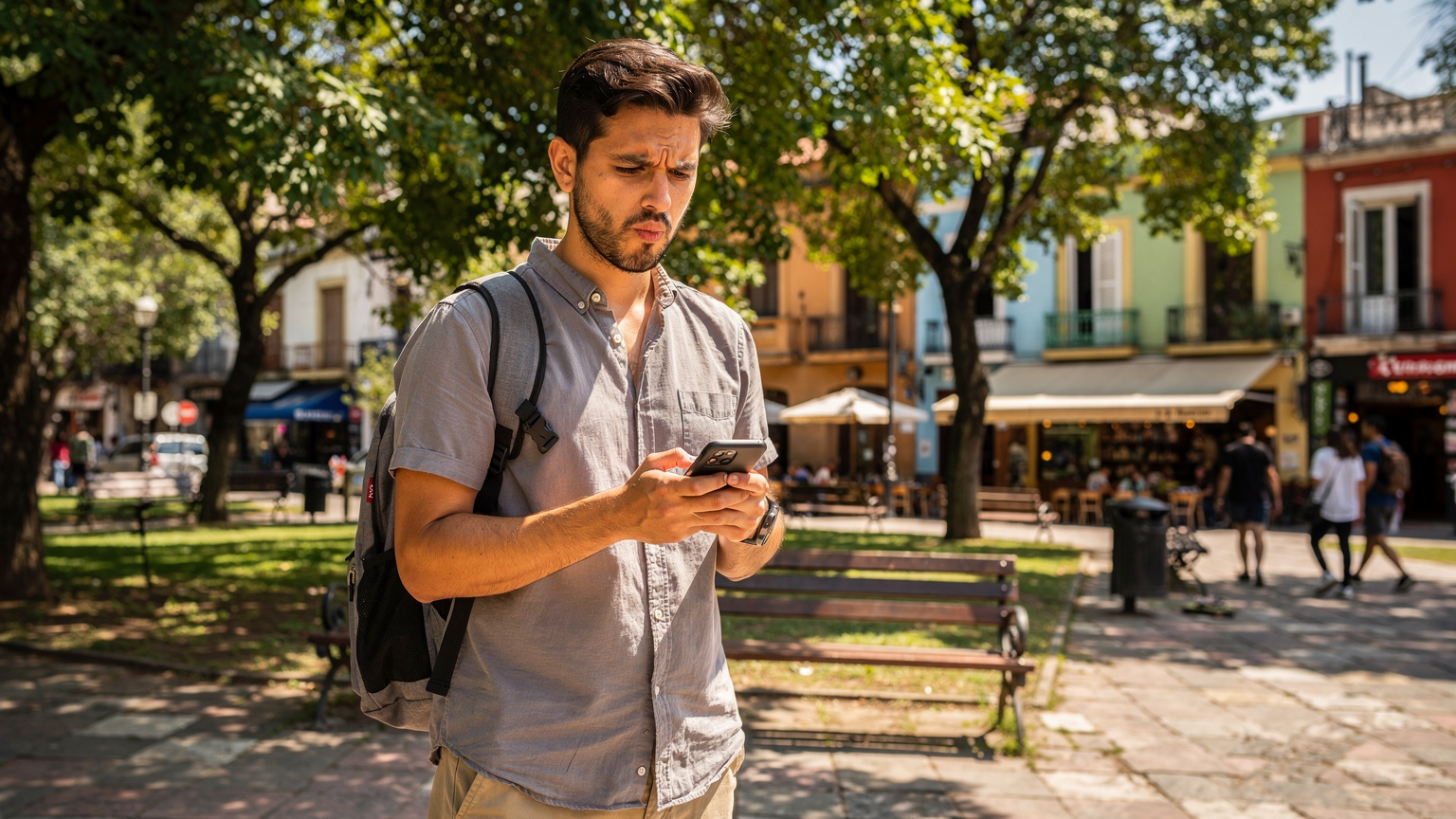 Un viajero con su mochila en una plaza soleada de Palermo, Buenos Aires, consulta su teléfono con una expresión de perplejidad ante la lentitud de la red.