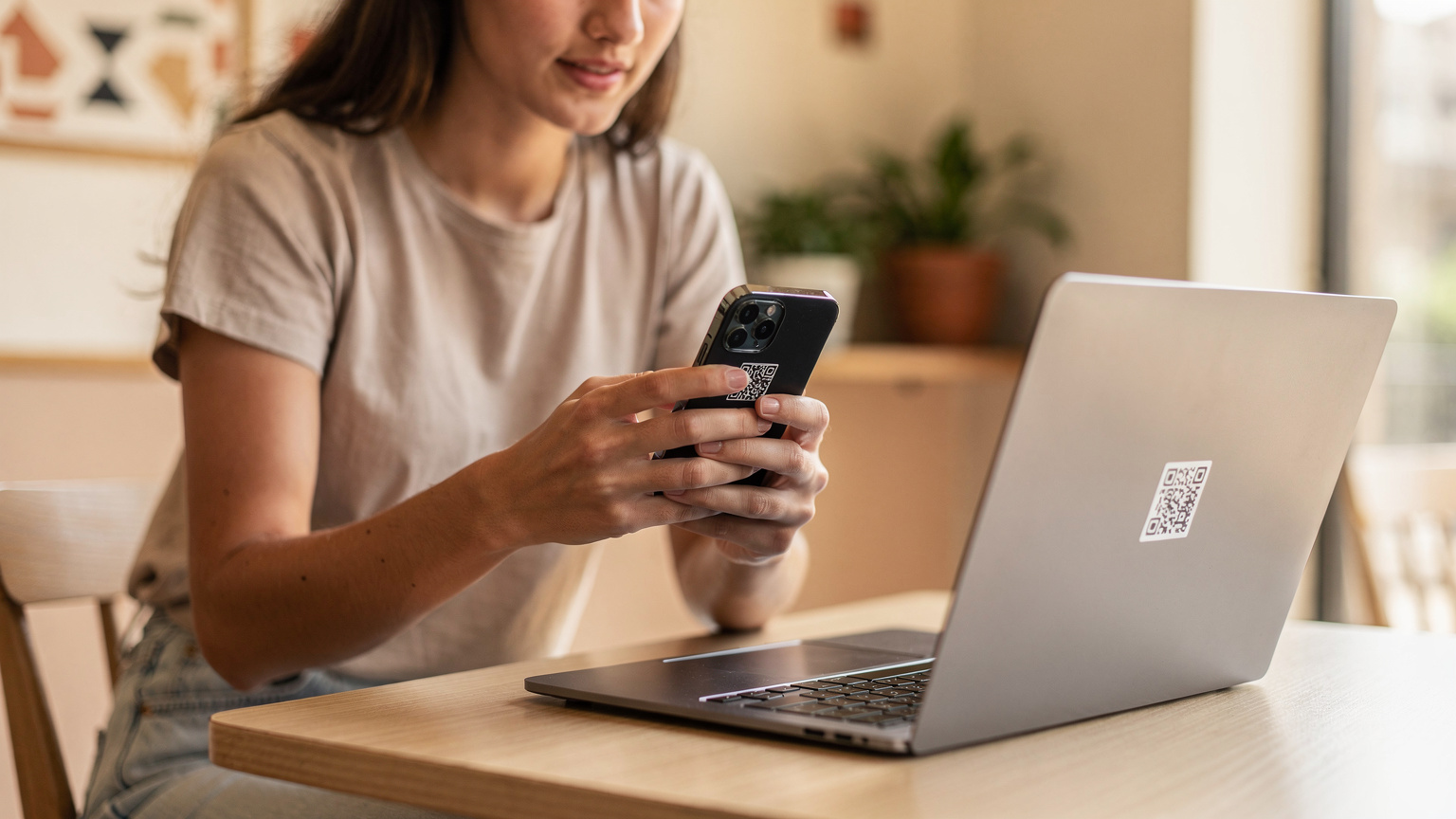 Une voyageuse décontractée installe son eSIM sur son smartphone en scannant un QR code sur un ordinateur portable, dans un café moderne du quartier de Maadi au Caire.