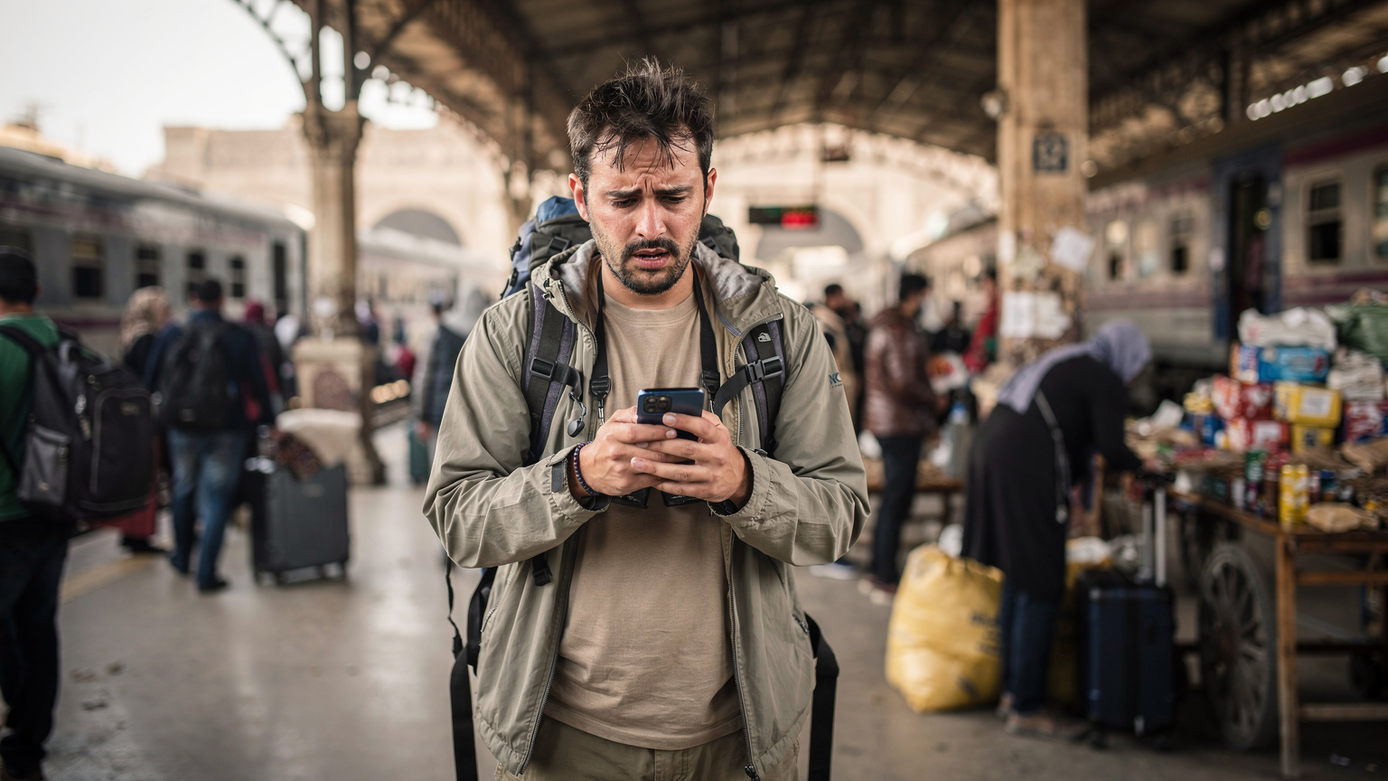 Un voyageur vérifie son téléphone avec une expression de légère frustration, probablement due à un problème de connectivité, sur un quai bondé de la gare de Ramsès au Caire.