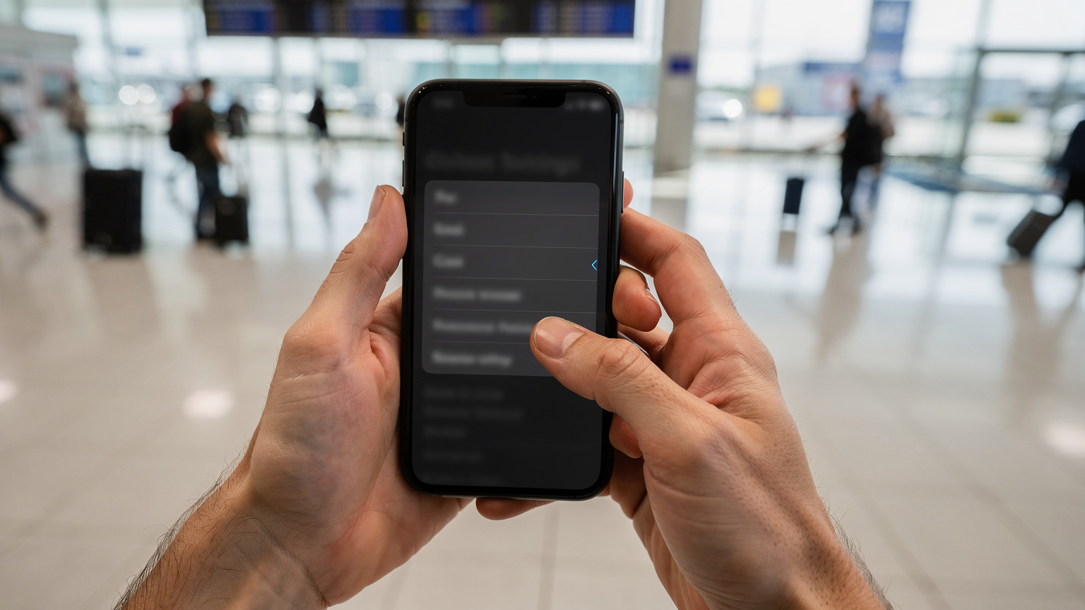 Un viaggiatore sta configurando manualmente le impostazioni APN sul suo smartphone, con le mani in primo piano che scorrono il menu delle impostazioni, mentre si trova in un aeroporto affollato.