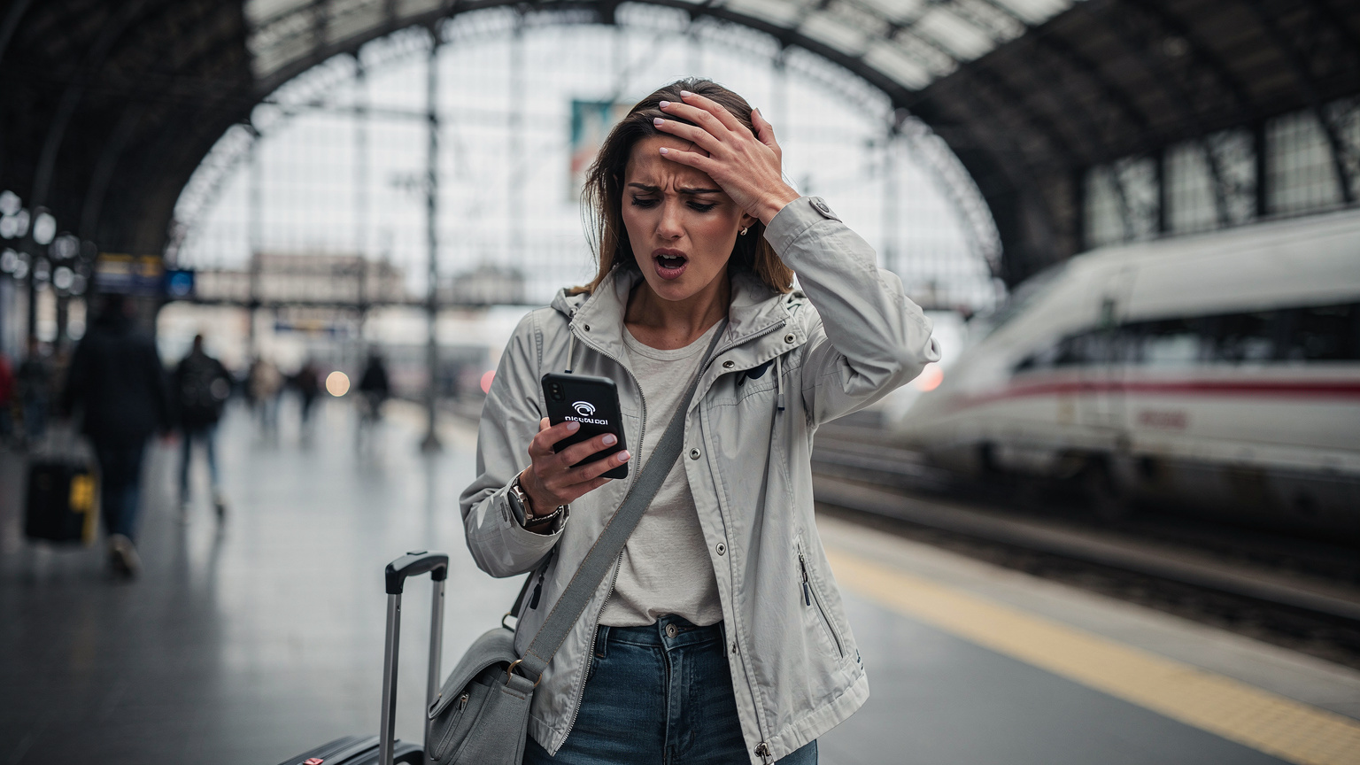 Una donna frustrata si tocca la fronte mentre guarda il suo smartphone con un'icona di 'nessun segnale' visibile, seduta su una panchina in una stazione ferroviaria affollata, con un treno in partenza sullo sfondo.