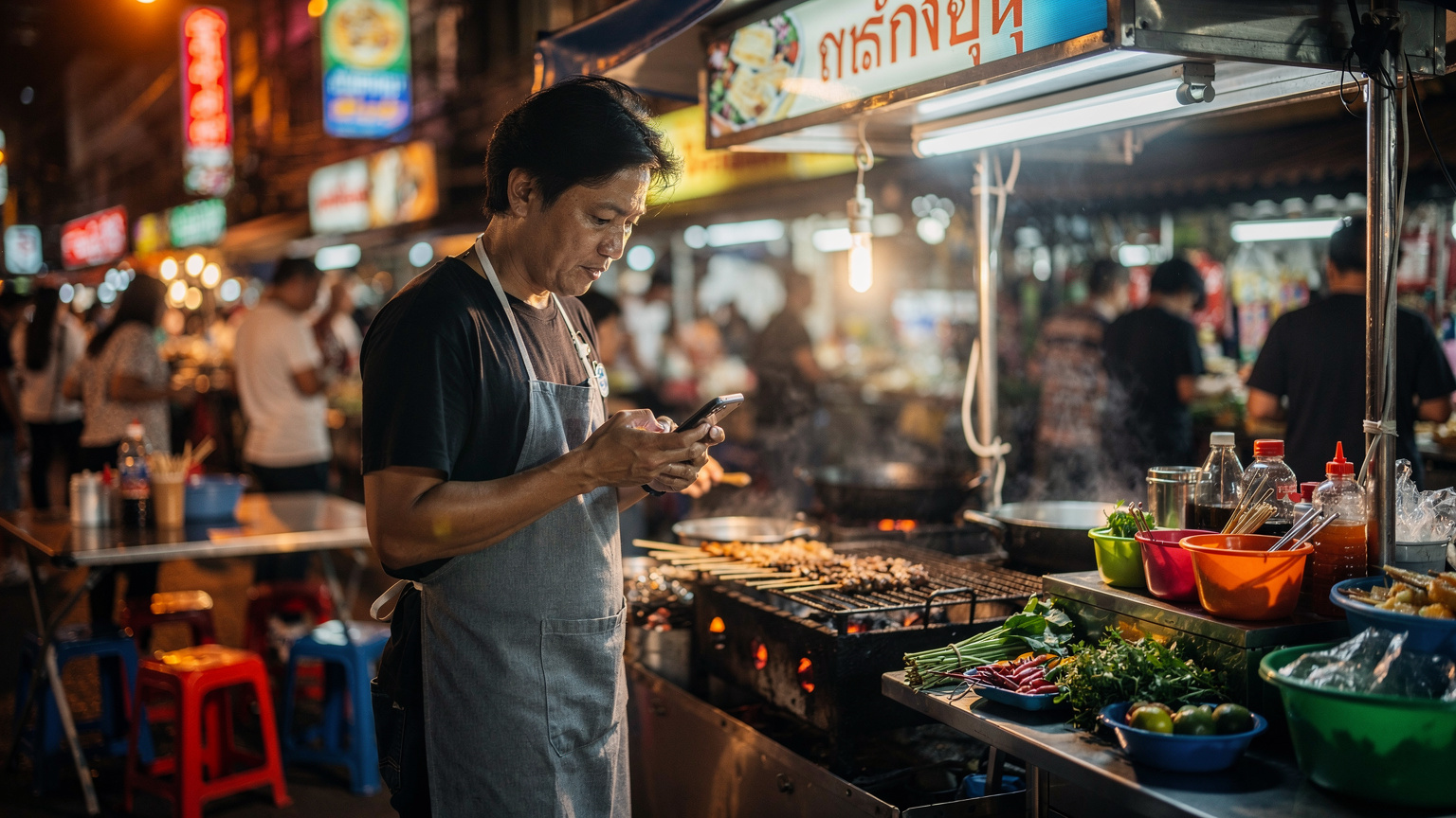 Un bar mobil stradal din Bangkok, Thailanda, cu un om care își verifică telefonul, reflectând atmosfera locală aglomerată.