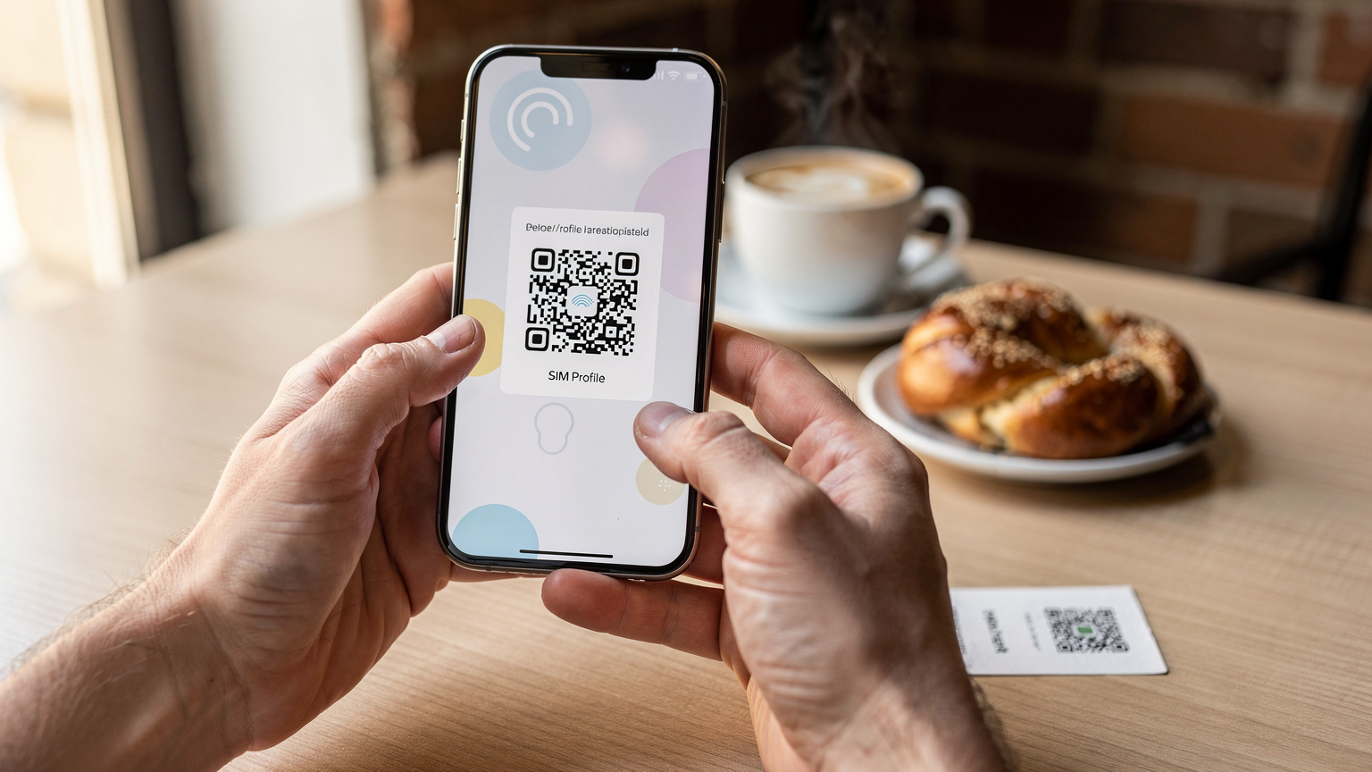 O persoană scanează un cod QR de pe un flyer cu un smartphone, cu un profil eSIM pe ecranul telefonului.