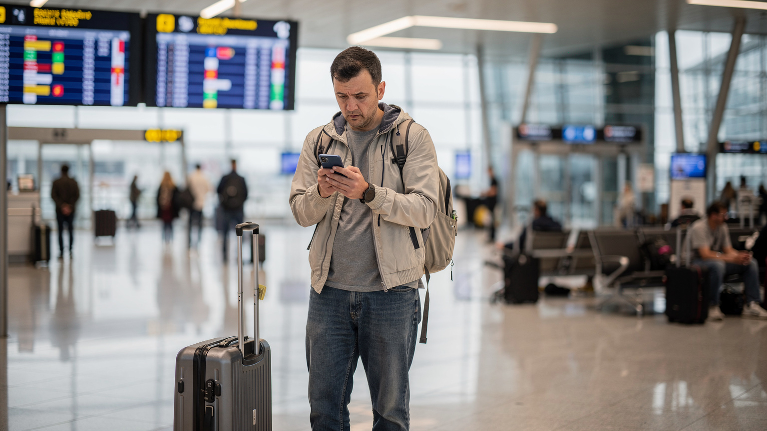 Un călător, cu o valiză lângă el, privește cu îngrijorare ecranul telefonului său într-un aeroport aglomerat, cu indicatoare în fundal.