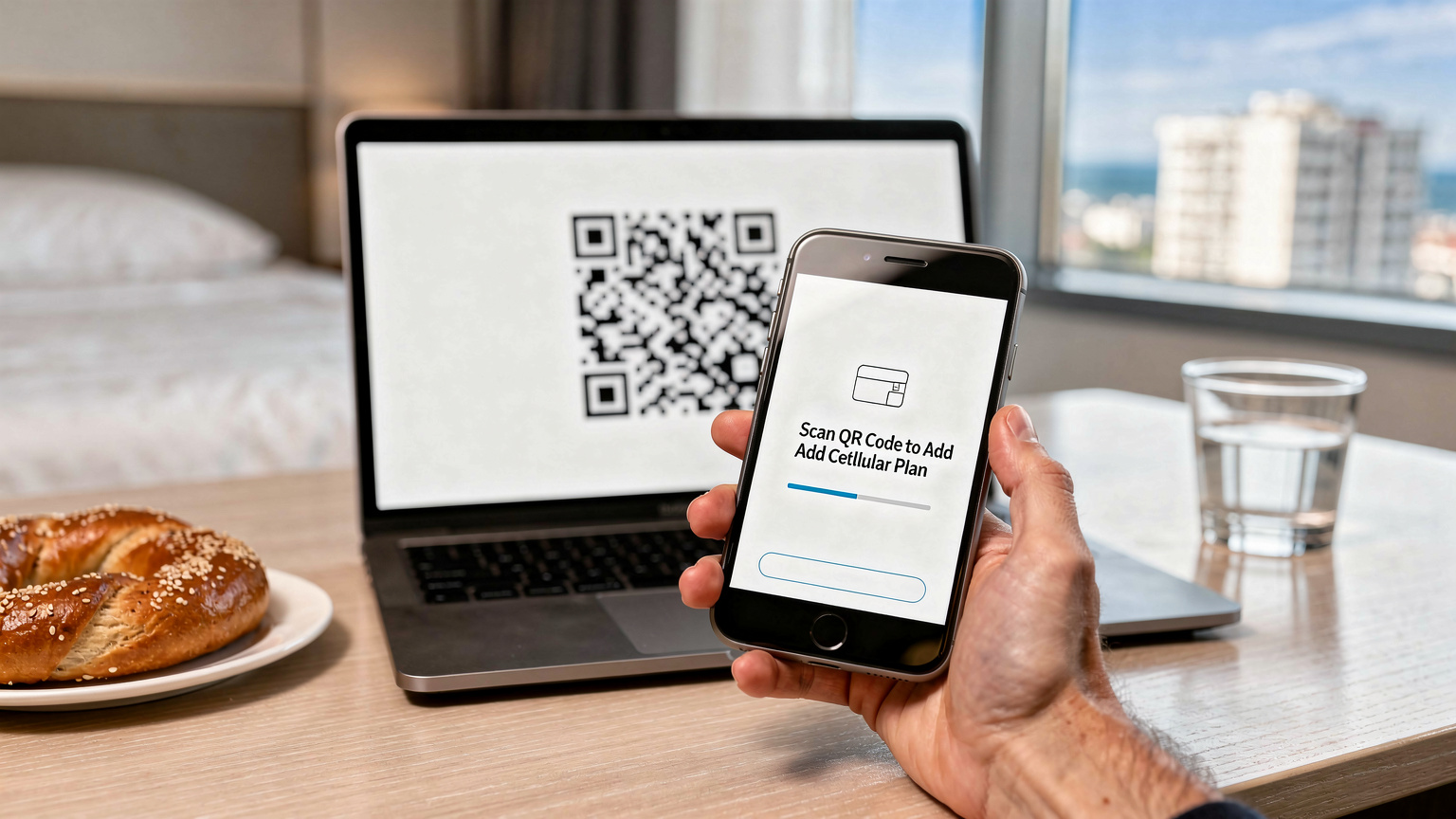 Bir akıllı telefonun eSIM QR kodu tarama ekranı, bir bilgisayar monitöründeki QR kodu hedef alınmış durumda, kurulum sürecini gösteriyor.