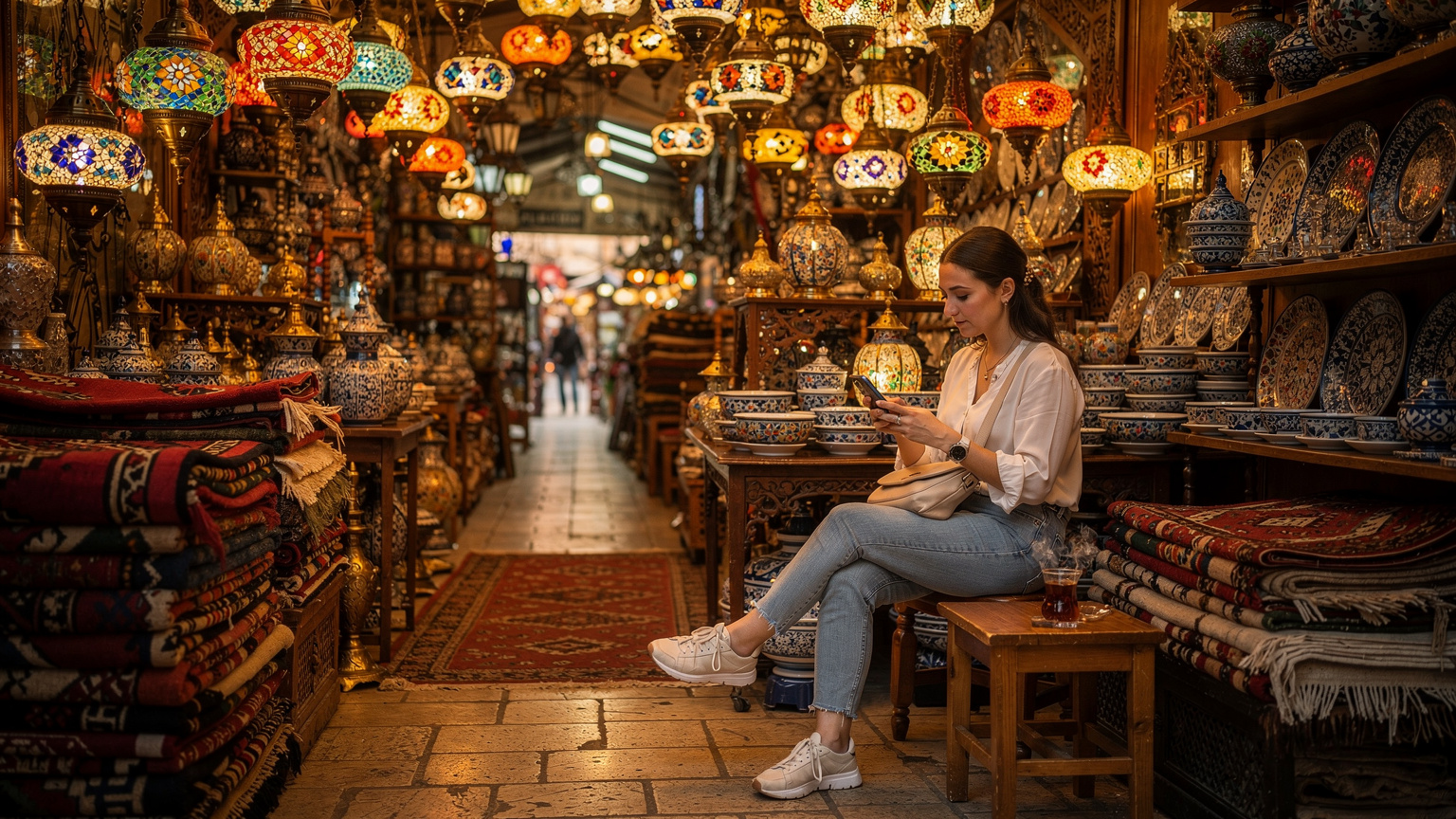 İstanbul'un tarihi Kapalıçarşı'sında, geleneksel bir dükkanda bir çay molası veren ve telefonunu inceleyen bir kadın, etrafı otantik Türk objeleriyle çevrili.