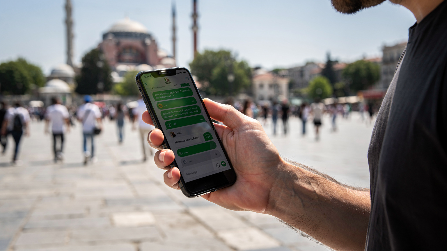 Bir akıllı telefon ekranında WhatsApp veya başka bir mesajlaşma uygulamasının açık olduğu, arka planda hareketli bir şehir meydanı görülen bir fotoğraf.