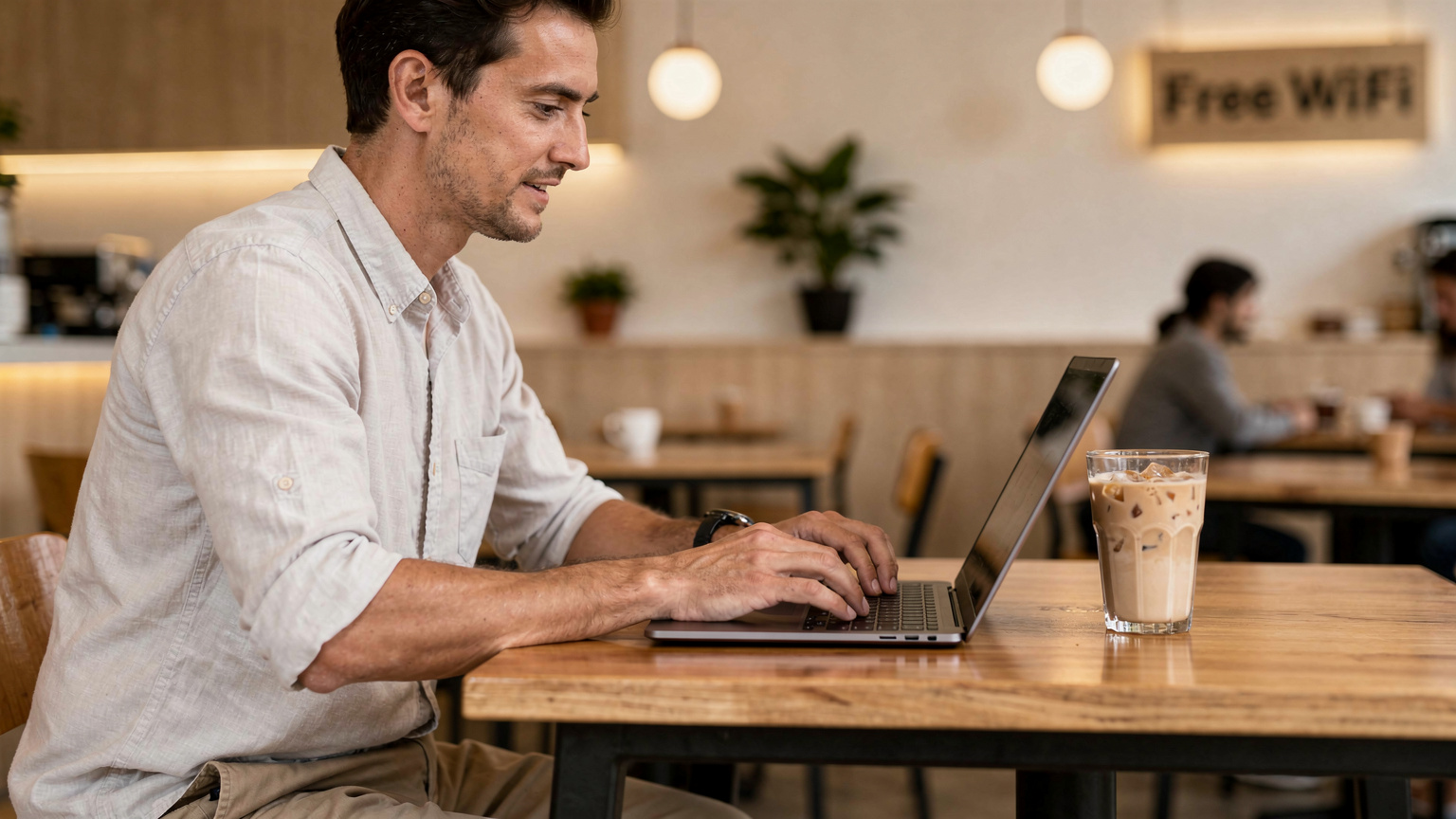 Seorang pengembara sedang menaip di komputer riba sambil menikmati kopi di sebuah kafe yang menawarkan WiFi percuma di kawasan Nimmanhaemin, Chiang Mai.