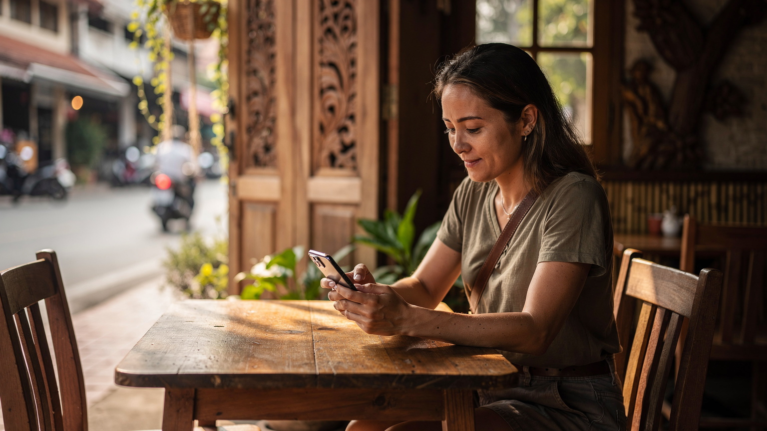 Seorang pengembara sedang meneliti pilihan eSIM pada telefon pintarnya di sebuah kafe tepi jalan yang tenang di Chiang Mai.