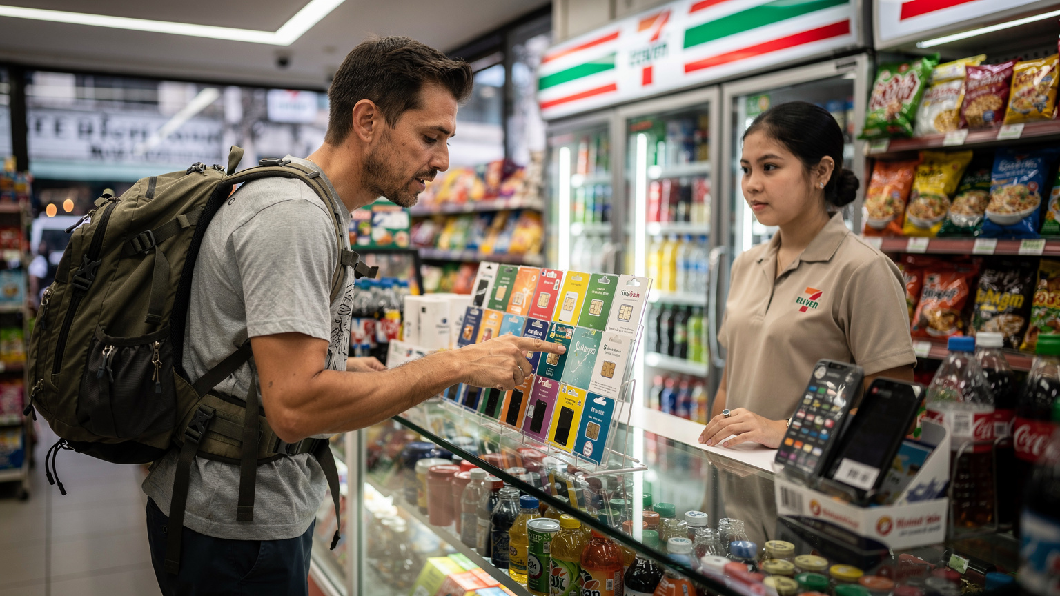 Seorang backpacker sedang membandingkan pelan SIM fizikal di kaunter kedai 7-Eleven di sekitar kawasan Khao San Road, Bangkok.