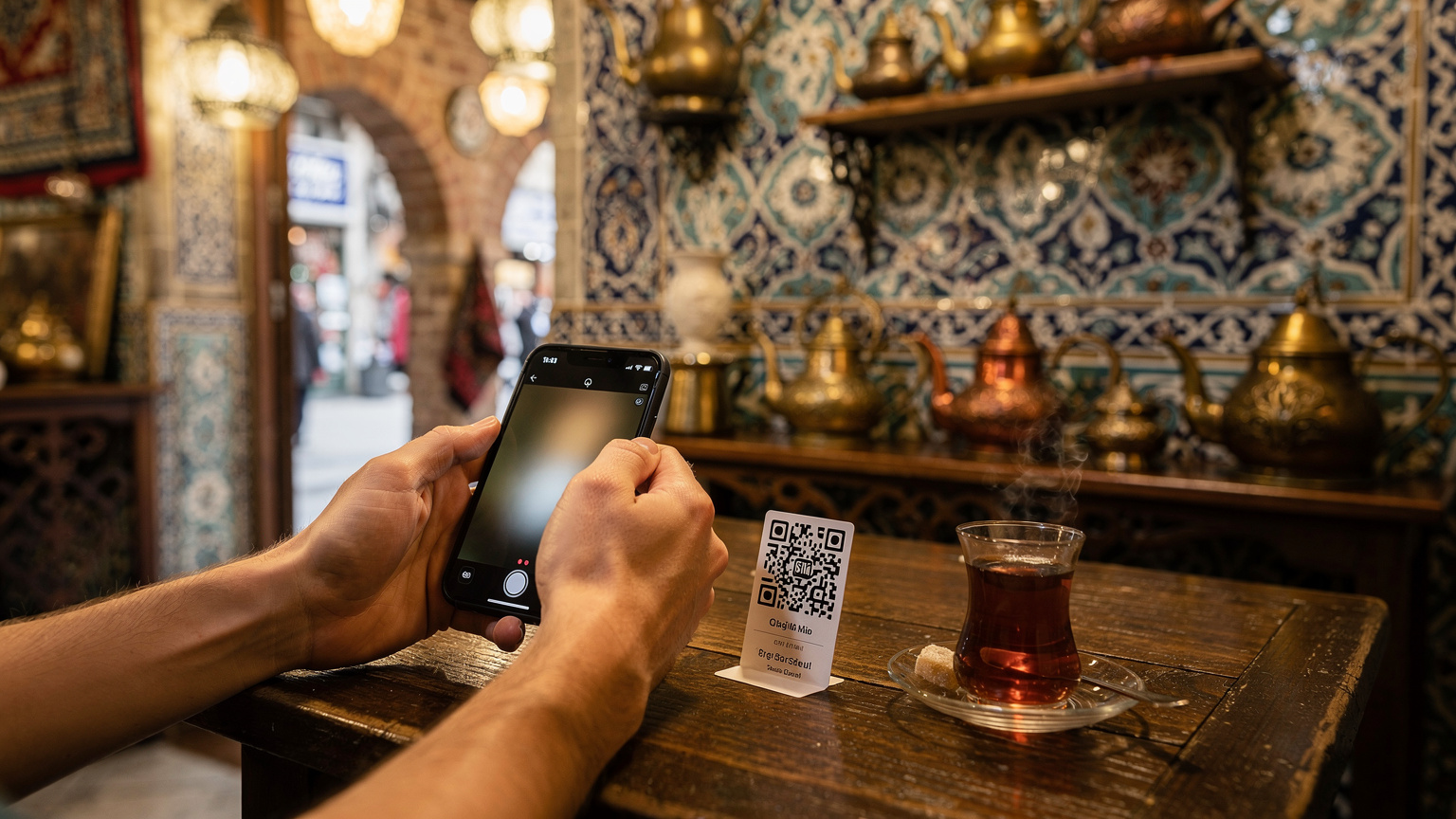 Человек сканирует QR-код eSIM в старинном кафе Стамбула