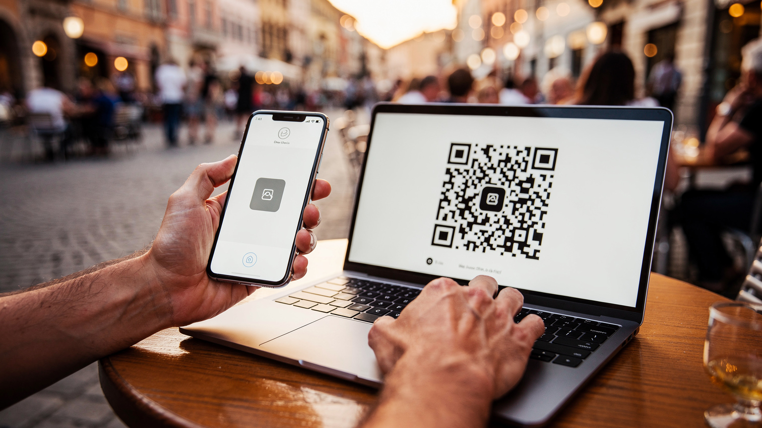 Due mani adulte stanno scansionando un codice QR da uno schermo di laptop per attivare una eSIM su uno smartphone, con uno sfondo sfocato di una piazza italiana animata durante il tramonto.