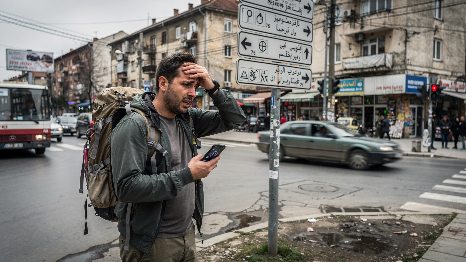 Un uomo con un grande zaino da backpacker si gratta la testa, visibilmente confuso e leggermente frustrato, mentre fissa una segnaletica stradale incomprensibile in una lingua straniera, con il suo smartphone in mano che mostra 'Nessun servizio'.
