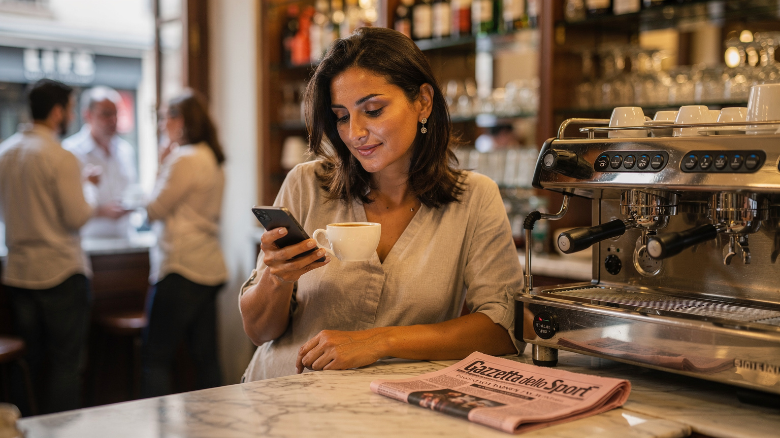 Una donna italiana con un'aria rilassata sta bevendo un caffè espresso e scorrendo il telefono, seduta al bancone di un bar tradizionale italiano durante una pausa caffè, con un giornale sportivo posato accanto a lei.
