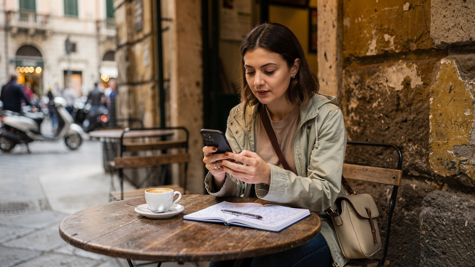 Una giovane donna italiana, con un'espressione concentrata ma rilassata, compara i prezzi dei piani eSIM sul suo smartphone mentre è seduta a un tavolo di un caffè all'aperto a Napoli, con una tazza di caffè e dei quaderni di viaggio.