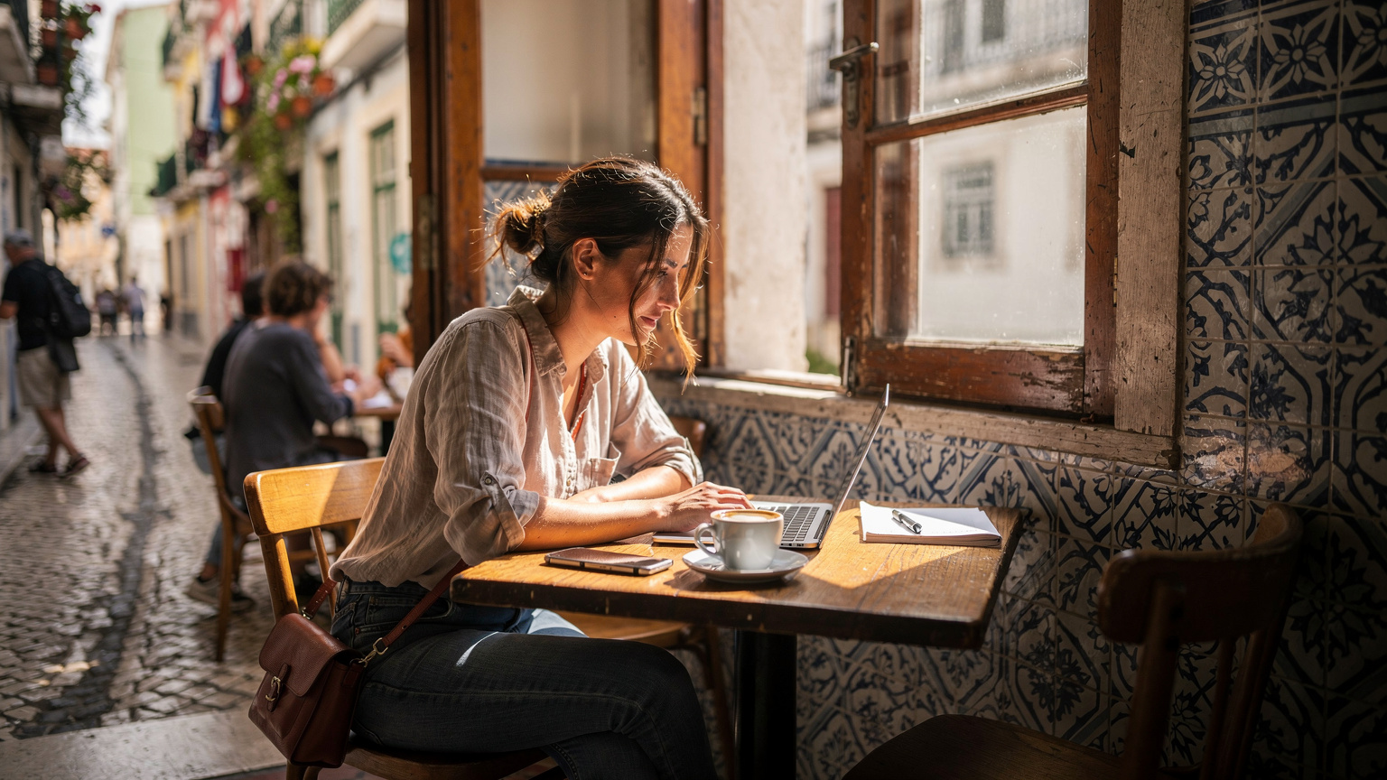En kvinne sitter fokusert med laptop og smarttelefon ved et trebord på en travel kafé i det historiske Alfama-distriktet i Lisboa, med brosteinsgater og gamle bygårder i bakgrunnen.