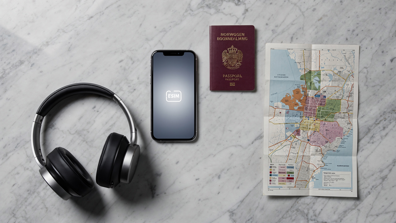 Et stilig flat-lay bilde av en smarttelefon med et eSIM-ikon, et norsk pass, hodetelefoner, og et brettet kart, arrangert på en elegant marmoroverflate.