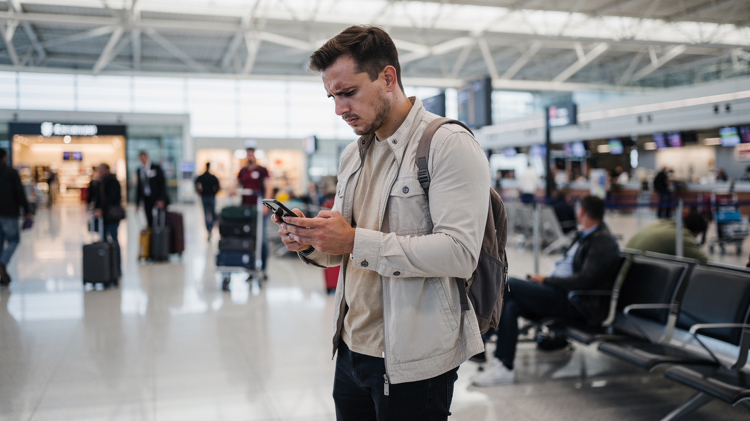 En reisende, en mann i 30-årene, ser frustrert på sin smarttelefon i en overfylt avgangshall på en internasjonal flyplass, med bagasje og medpassasjerer rundt ham.