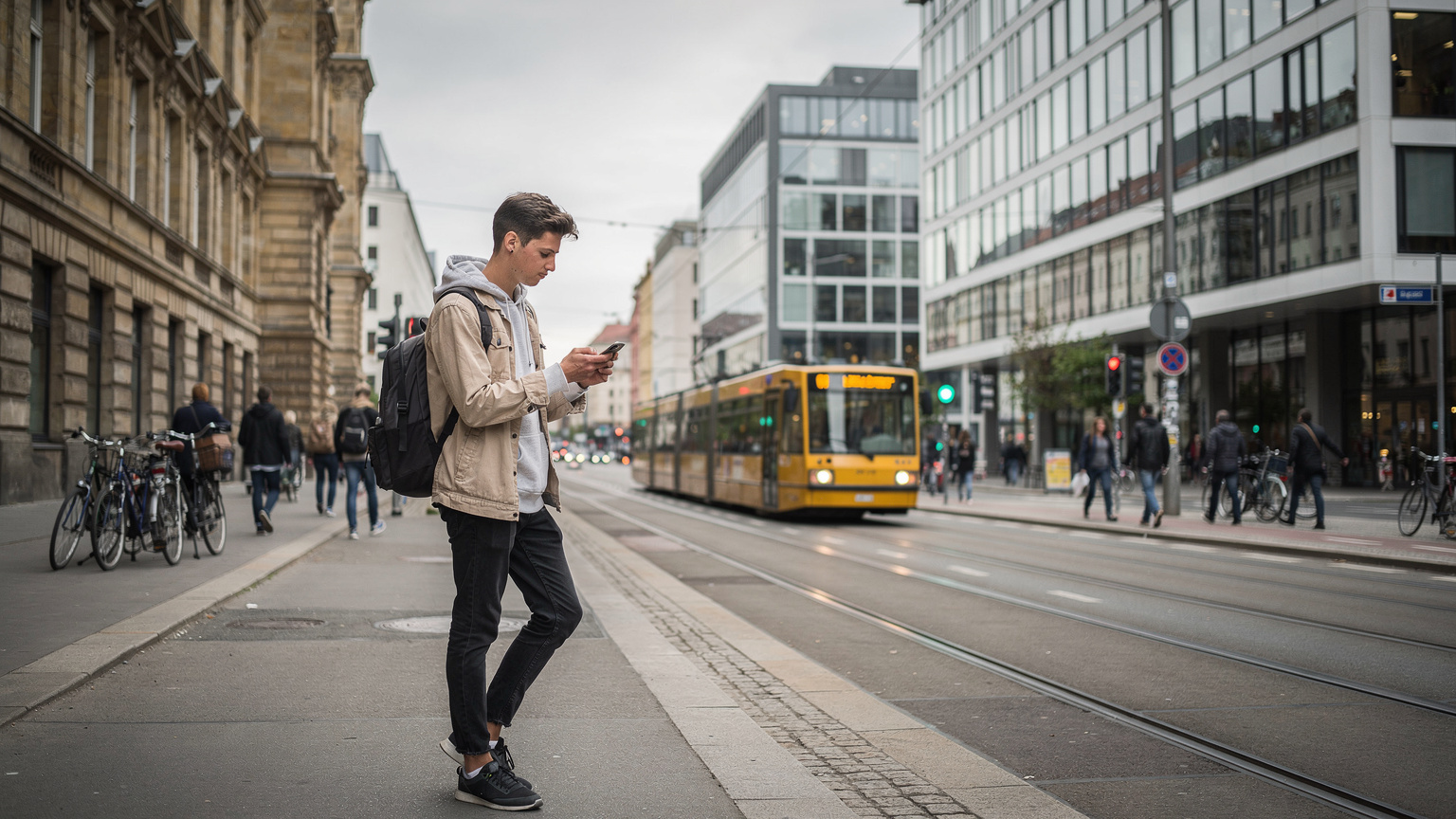 En travel bygate i Berlin Mitte med en ung digital nomade som ser på sin smarttelefon, mens moderne trikker og historiske bygninger fyller bakgrunnen under en overskyet himmel.