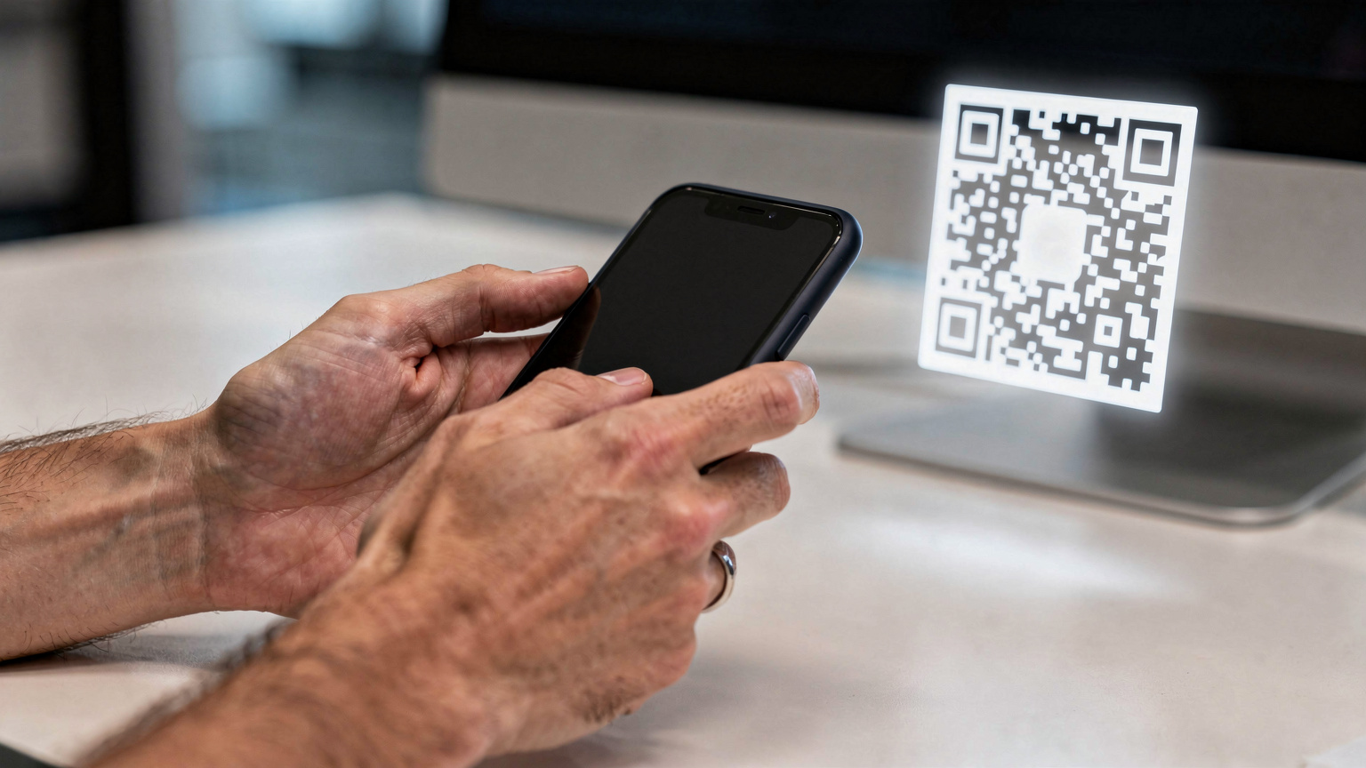 To hender holder en mørk smarttelefon og skanner en lysende QR-kode vist på en annen skjerm, i en ren, minimalistisk kontorinnstilling.
