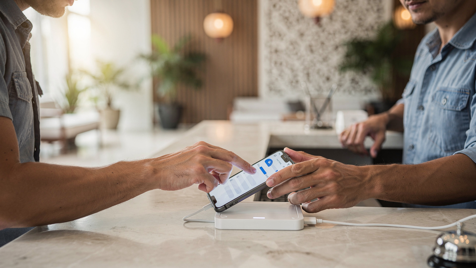 ベトナムのダナンにあるホテルロビーで、充電中のスマートフォンを操作し、eSIM設定を行っている旅行者のクローズアップ。