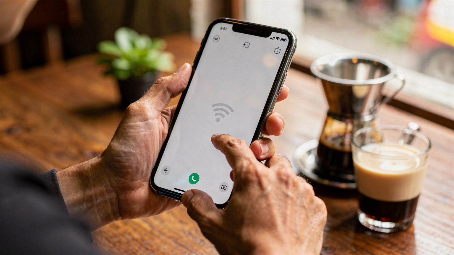 ベトナムのハノイ旧市街にあるカフェで、スマートフォンを操作している旅行者の手元。画面には通信状況を示すアイコンが見える。