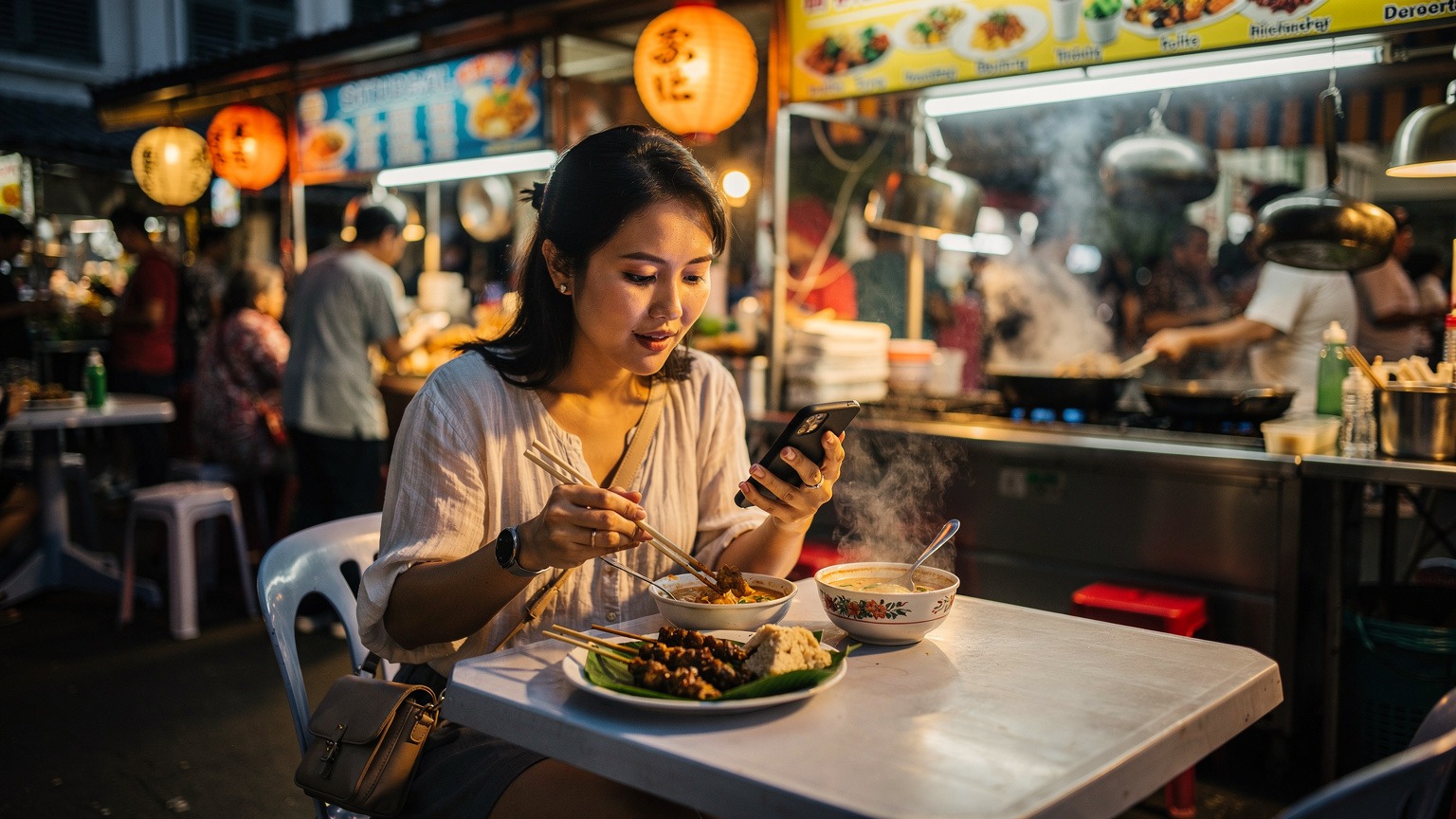 マレーシアのクアラルンプールにある活気ある屋台街で、地元の料理を楽しみながら、スマートフォンで情報を検索している日本人旅行者。