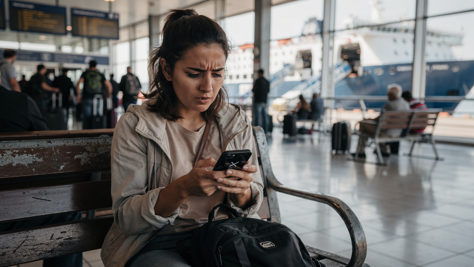 Un călător privește îngrijorat la ecranul telefonului său, afișând o pictogramă generică de lipsă semnal, stând pe o bancă într-un terminal de feribot aglomerat din portul Pireu, Atena, în timpul dimineții.