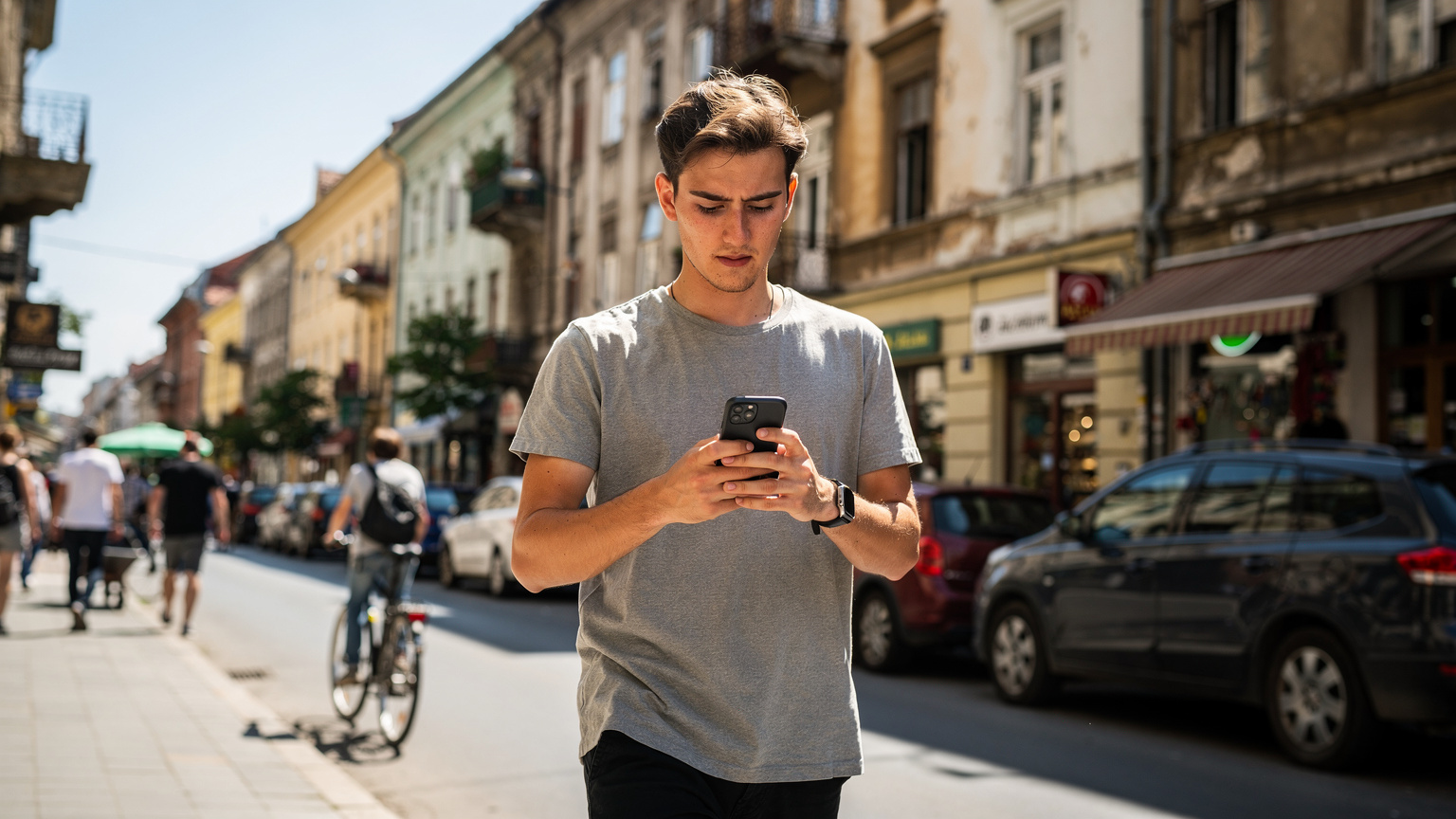 Ένας νεαρός άνδρας με ένα smartphone στα χέρια του, πλοηγείται στους πολυσύχναστους δρόμους του Βελιγραδίου, με τοποθεσίες ορόσημα στο βάθος.