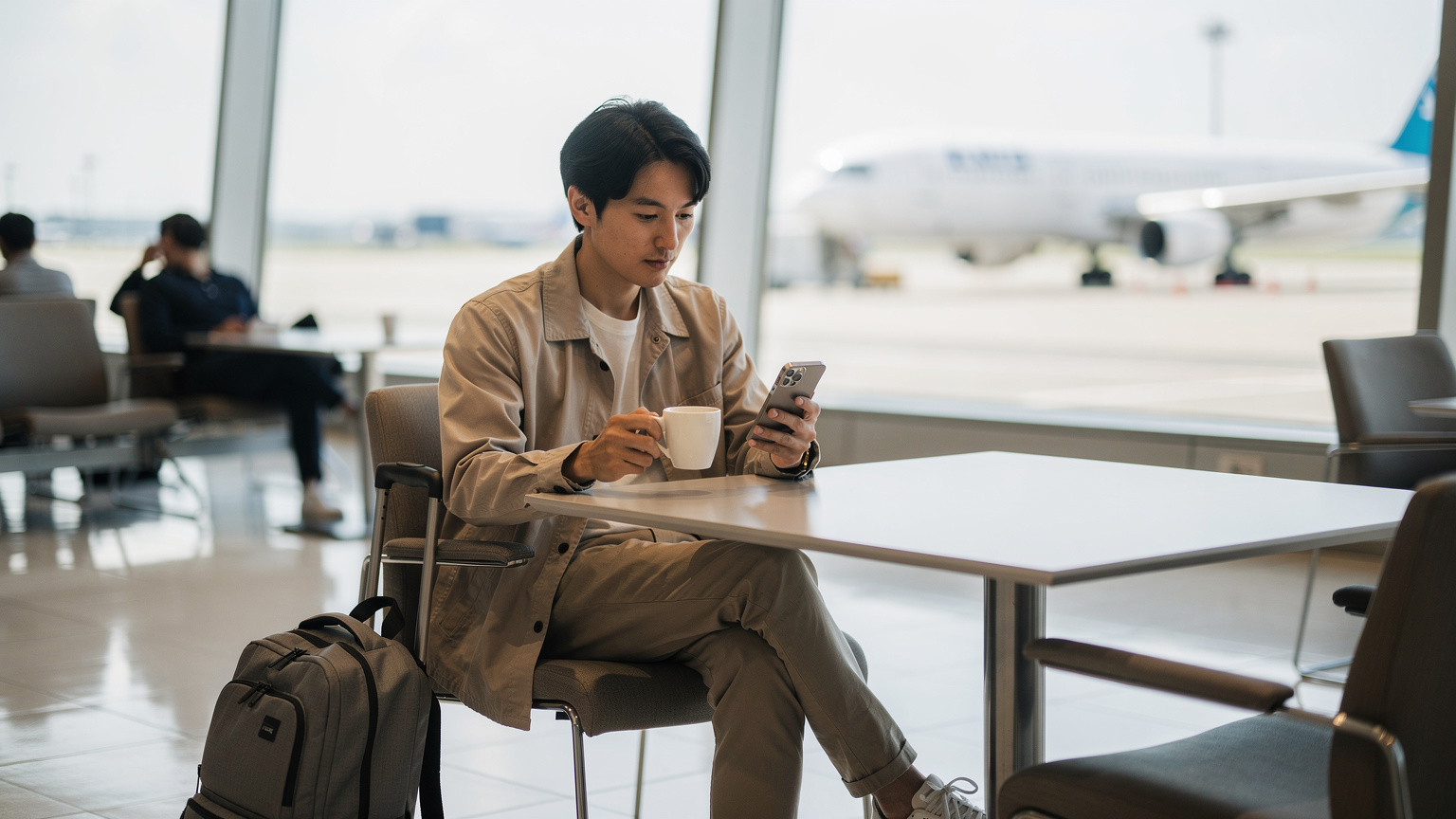 成田空港の出発ゲートで、搭乗前に落ち着いてeSIMの設定を最終確認する旅行者。コーヒー片手に、スマホ画面を覗き込んでいる様子。