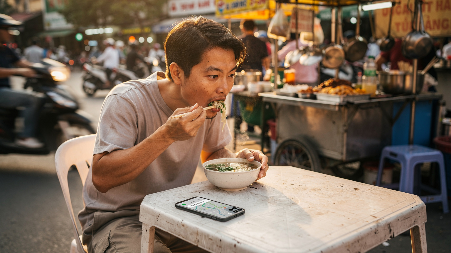ベトナム、ホーチミン市の賑やかな通りで、屋台のフォーを食べる旅行者。手元にはスマホが置かれており、現地での食事中に地図アプリや翻訳アプリを活用している様子がうかがえる。